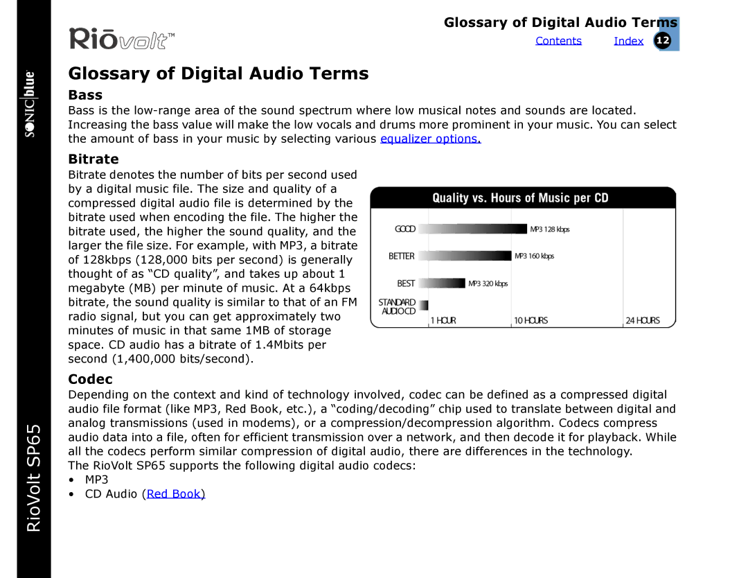 Sonic Blue SP65 warranty Glossary of Digital Audio Terms, Bass, Bitrate, Codec 