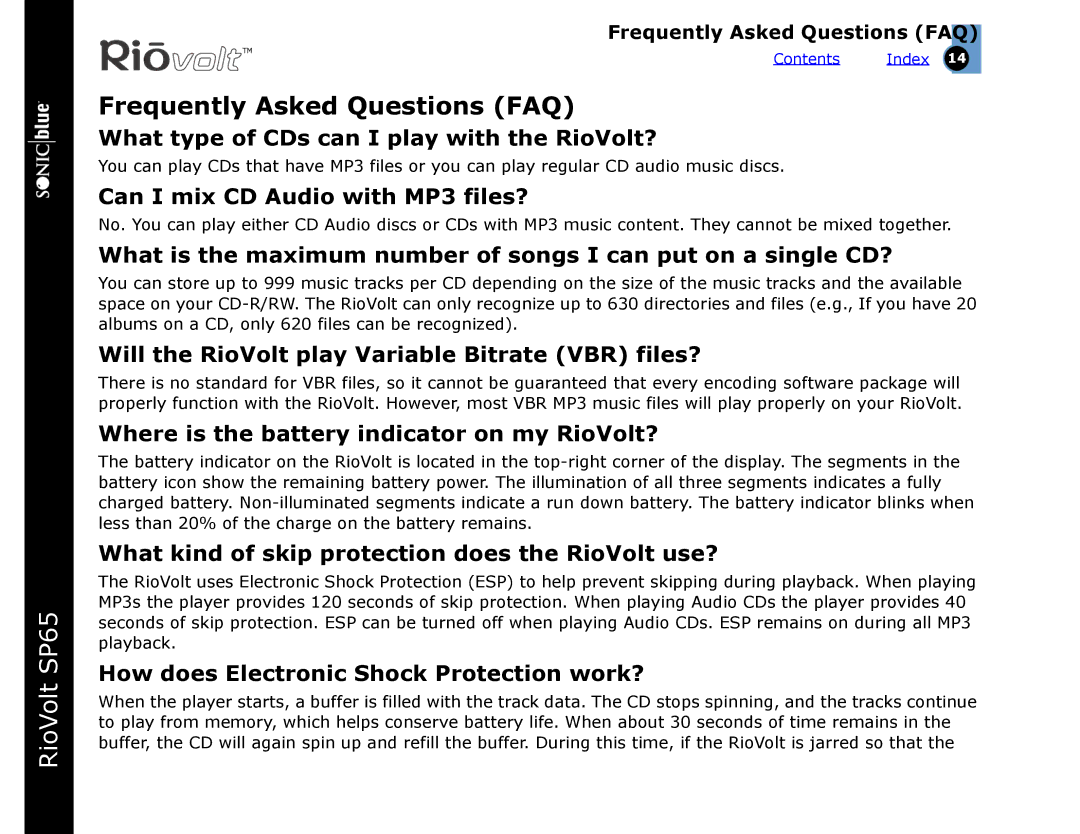 Sonic Blue SP65 warranty Frequently Asked Questions FAQ 