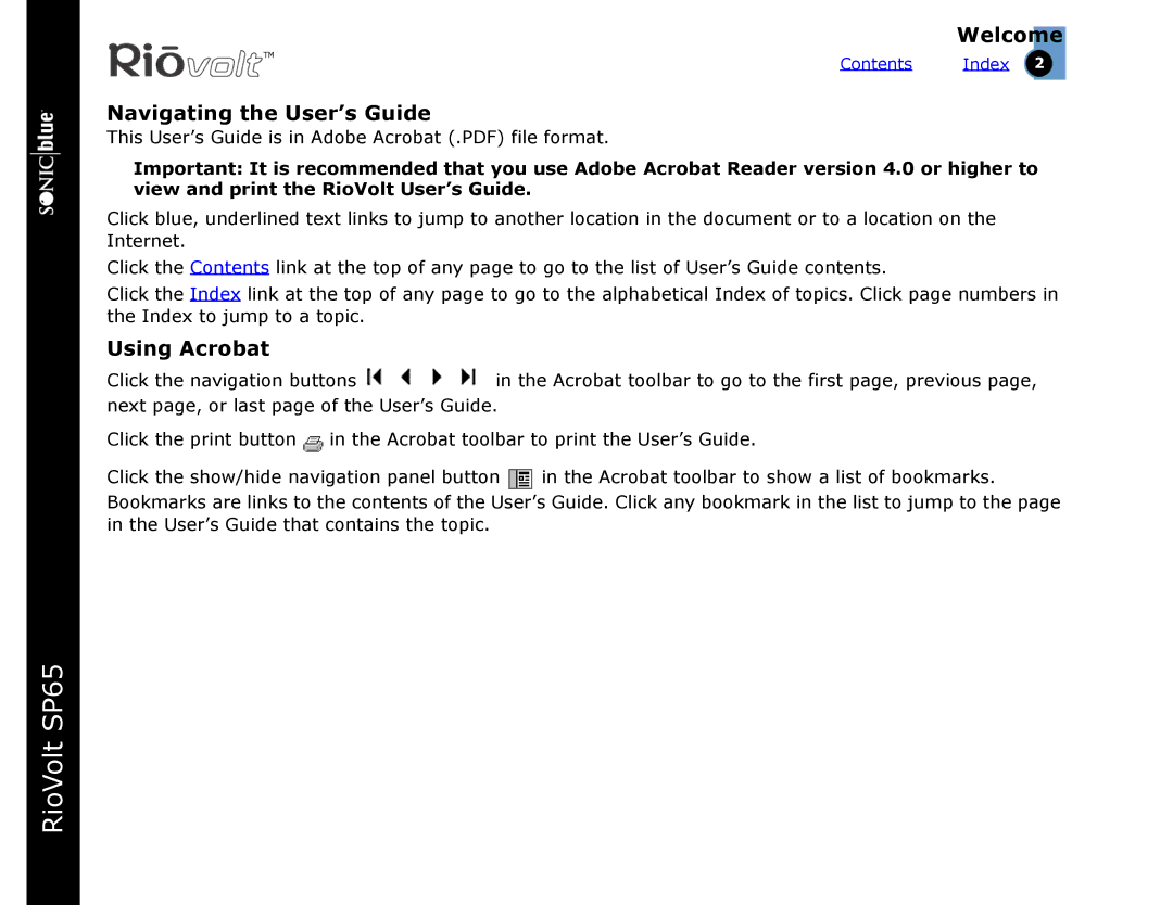 Sonic Blue SP65 warranty Navigating the User’s Guide, Using Acrobat 