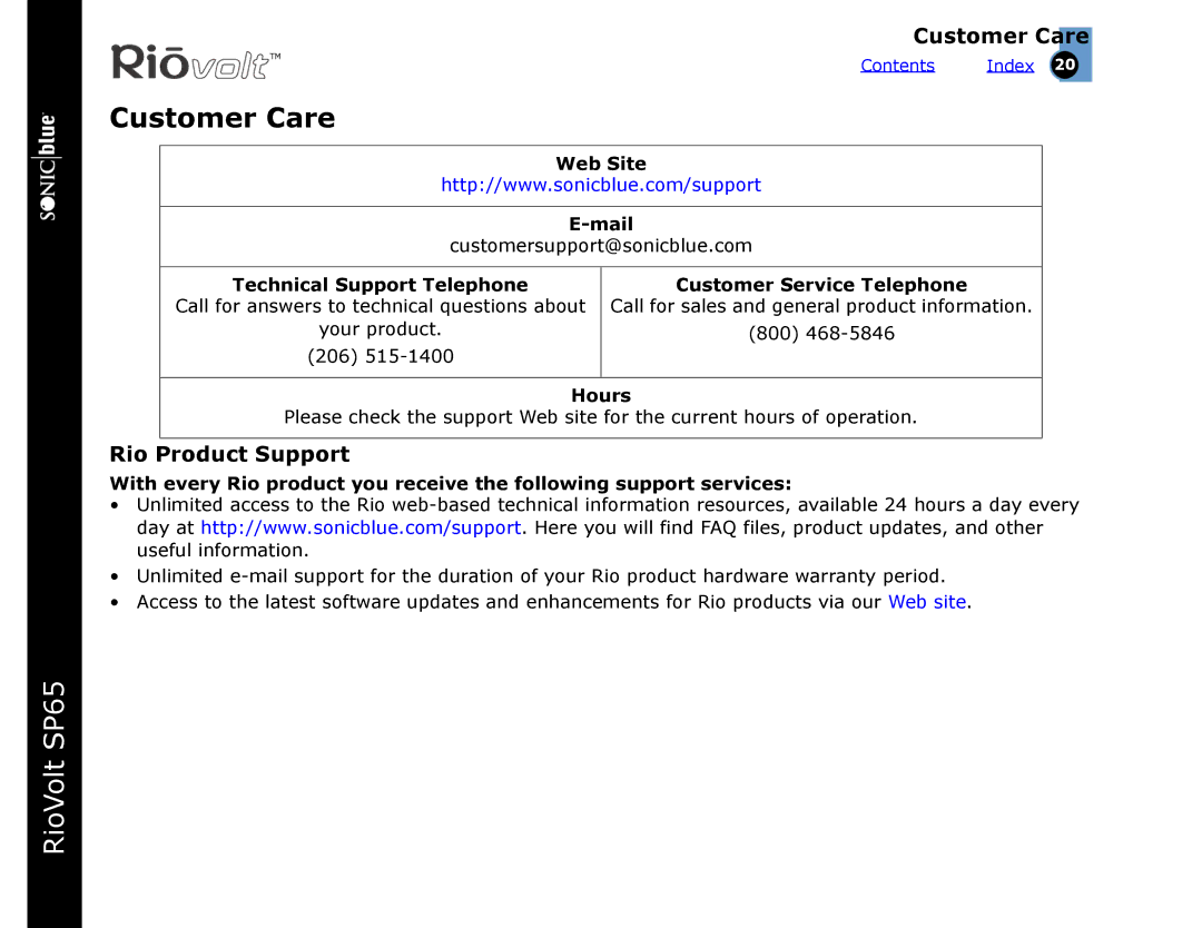 Sonic Blue SP65 warranty Customer Care, Rio Product Support 