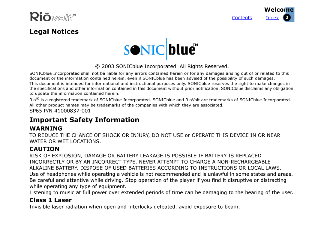 Sonic Blue SP65 warranty Legal Notices, Important Safety Information, Class 1 Laser 