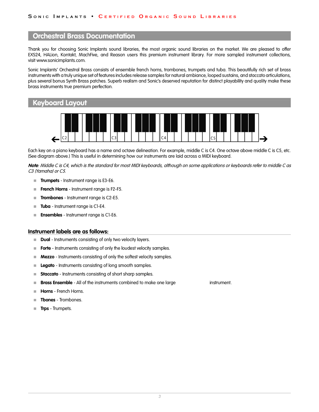 Sonic Impact Technologies DVT44IN, DVT38S2IN, DVT38IN quick start Orchestral Brass Documentation, Keyboard Layout 