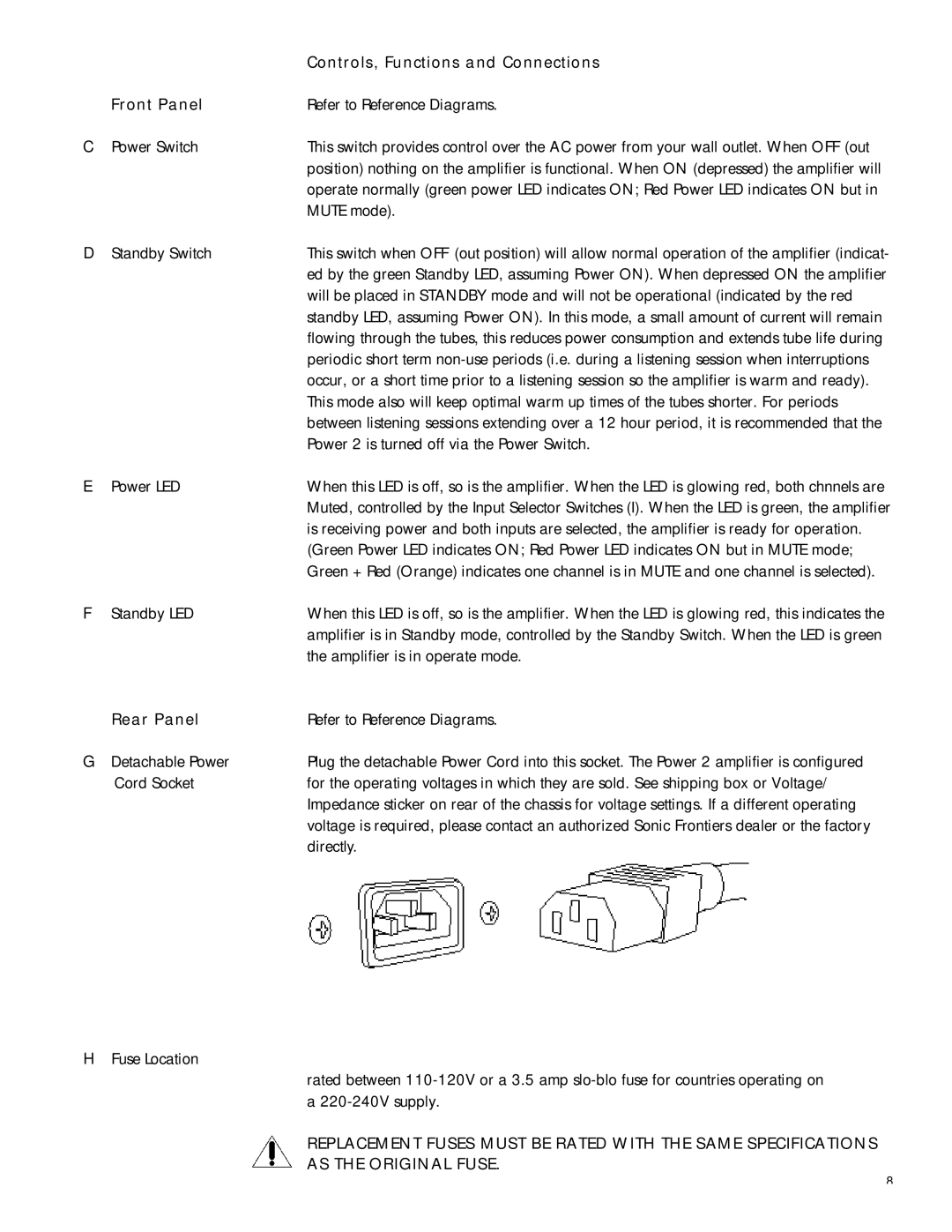 Sonic Impact Technologies Power 2 manual Controls, Functions and Connections, Front Panel, Rear Panel 