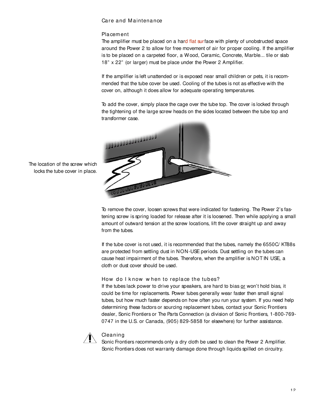 Sonic Impact Technologies Power 2 manual Care and Maintenance Placement, How do I know when to replace the tubes?, Cleaning 