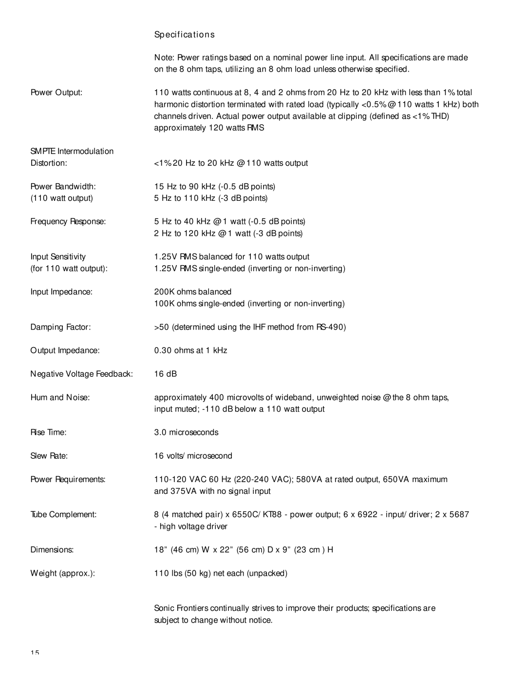 Sonic Impact Technologies Power 2 manual Specifications 