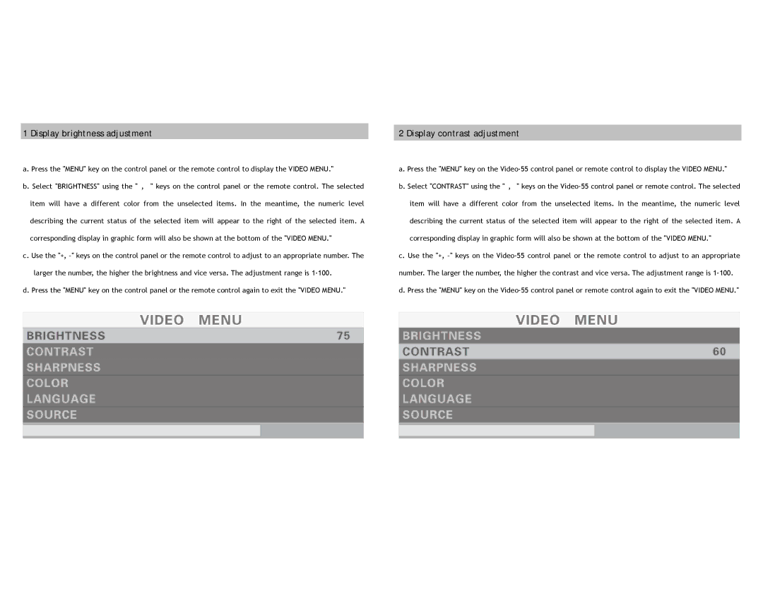 Sonic Impact Technologies Video-55 specifications Display brightness adjustment, Display contrast adjustment 