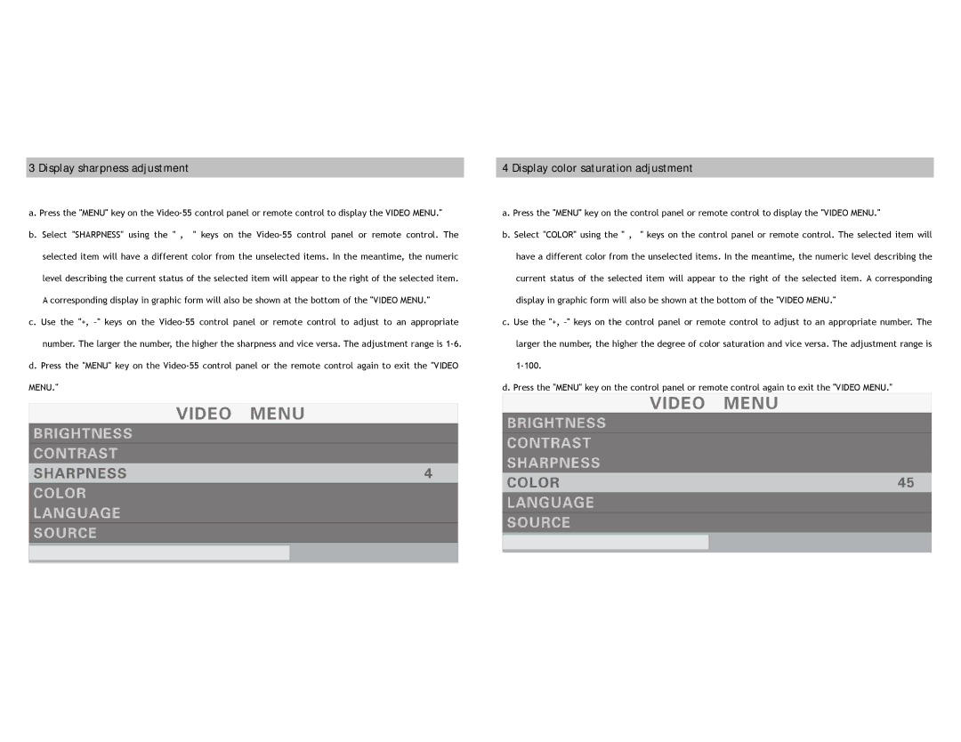 Sonic Impact Technologies Video-55 specifications Menu 