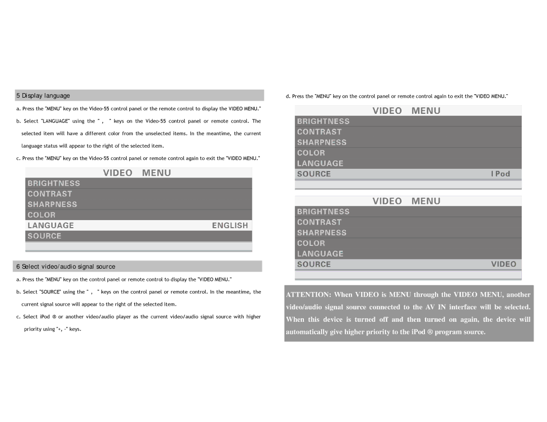 Sonic Impact Technologies Video-55 specifications Display language 