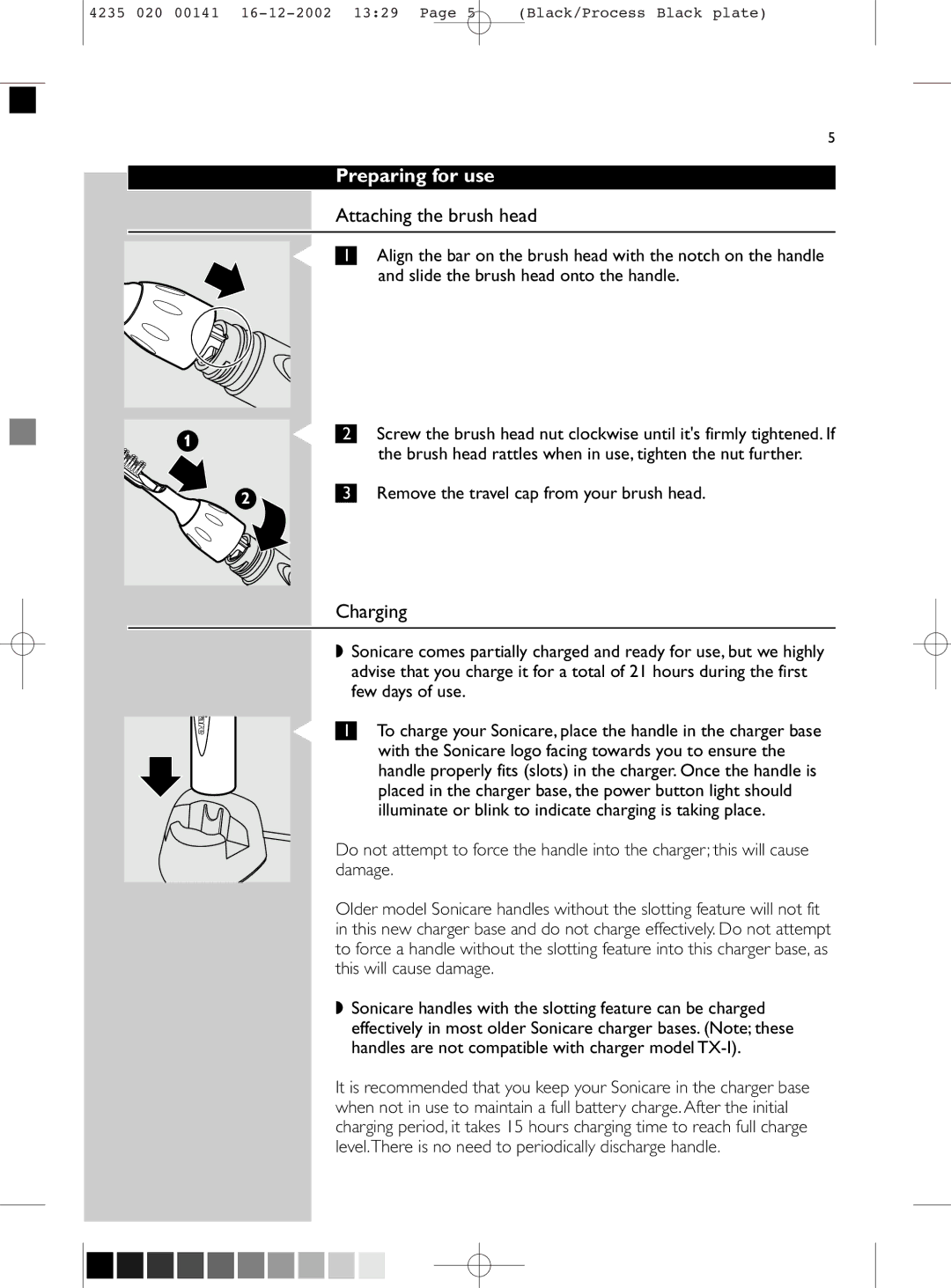Sonicare 4000 manual Preparing for use, Attaching the brush head, Charging 