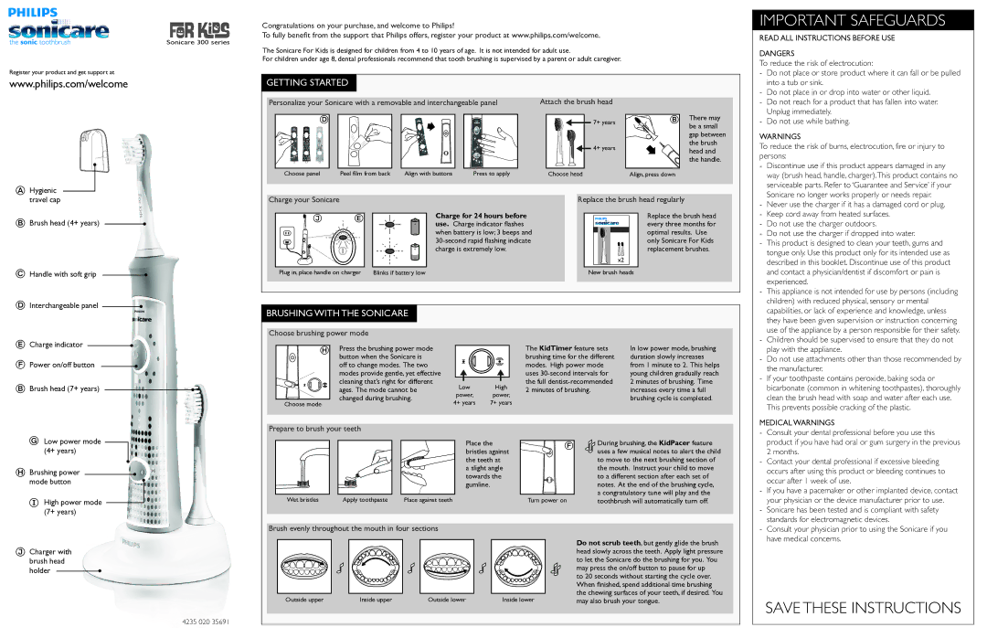 Sonicare 4235 020 35691 manual Getting Started, Brushing with the Sonicare 