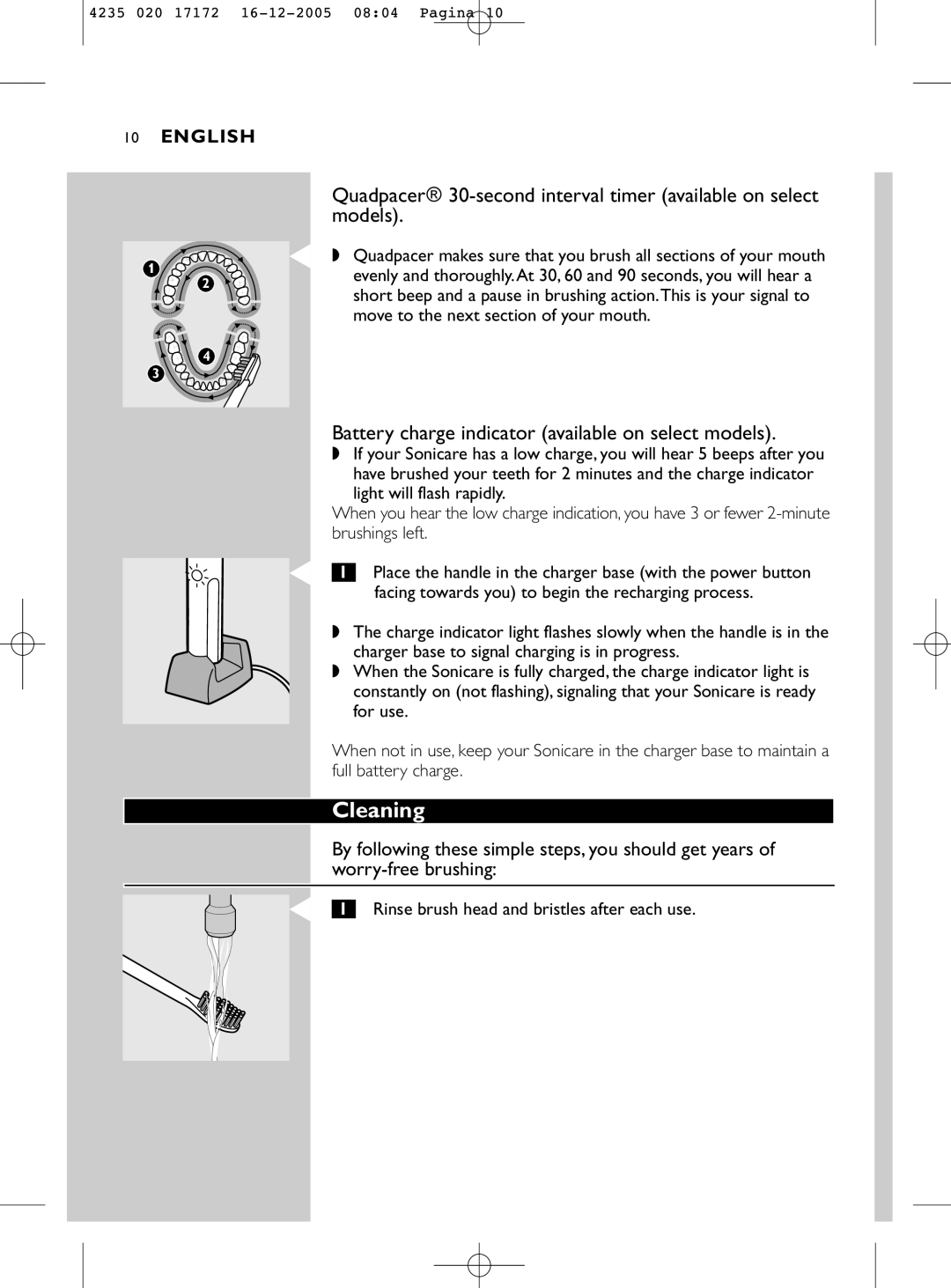 Sonicare e5000 manual Cleaning, Battery charge indicator available on select models 