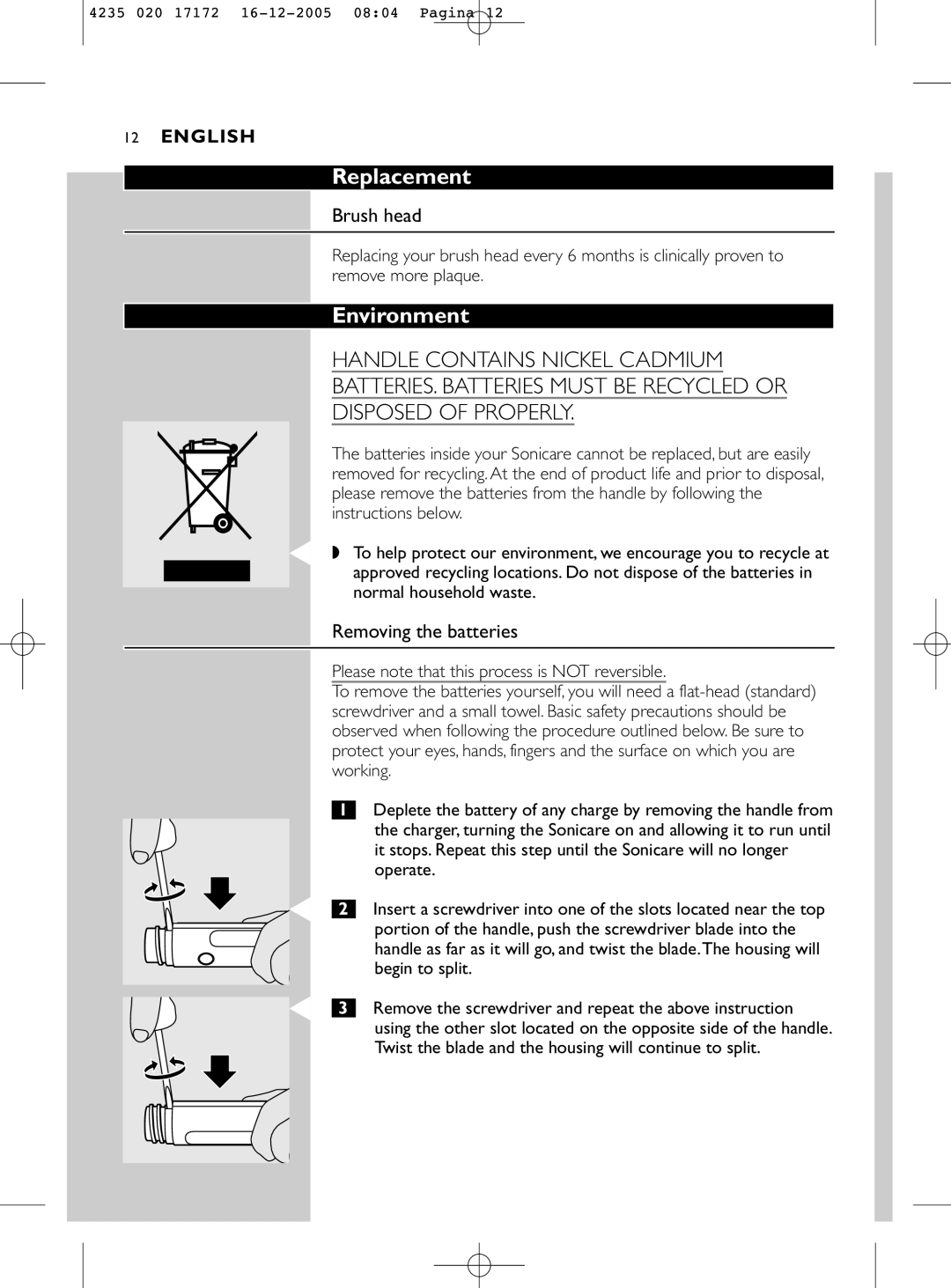 Sonicare e5000 manual Replacement, Environment, Brush head, Removing the batteries 