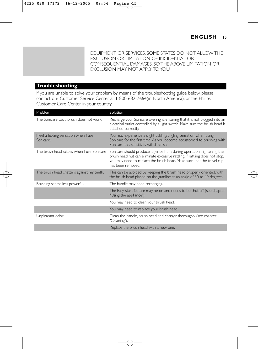 Sonicare e5000 manual Troubleshooting 