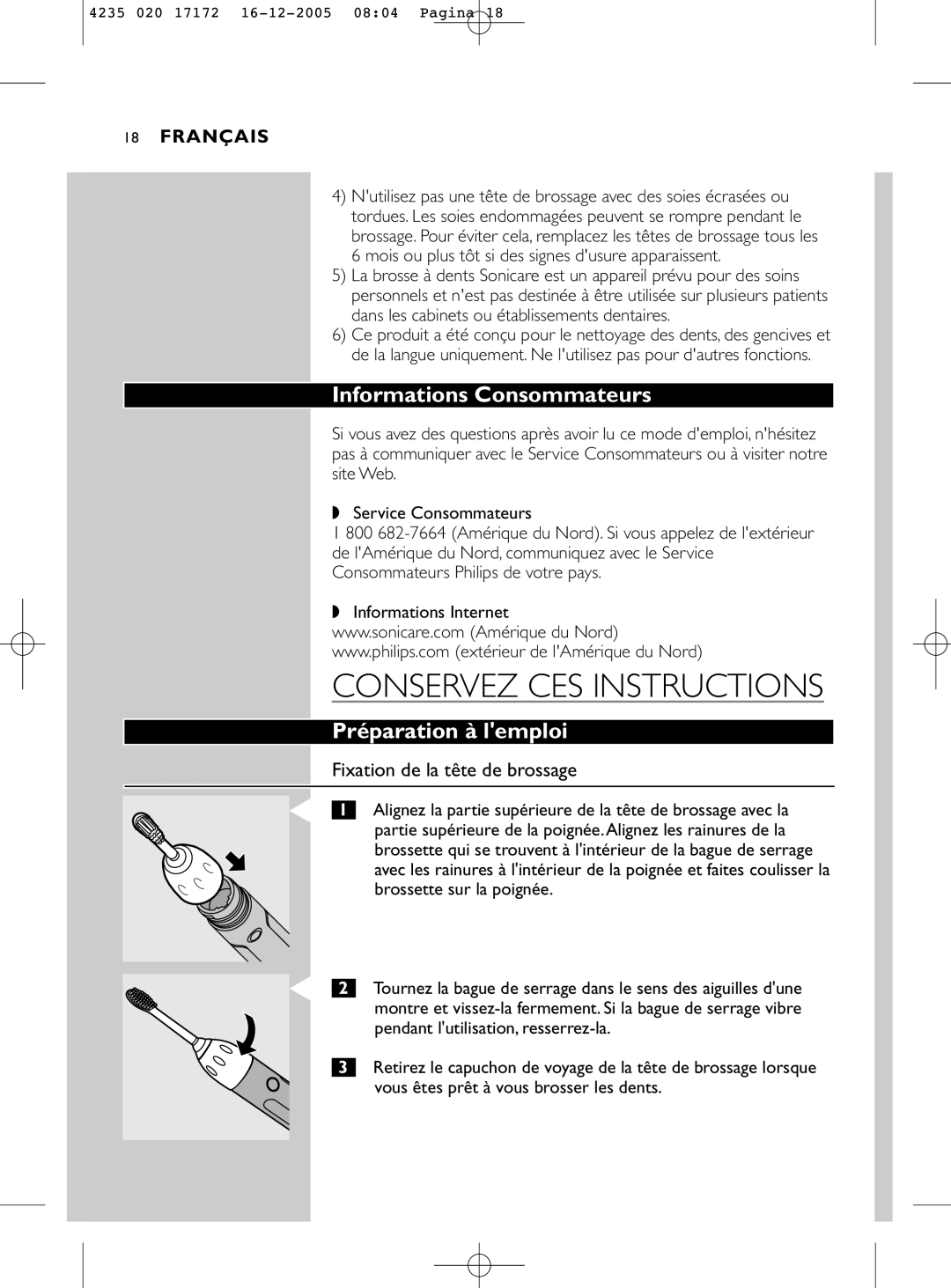 Sonicare e5000 manual Informations Consommateurs, Préparation à lemploi, Fixation de la tête de brossage 