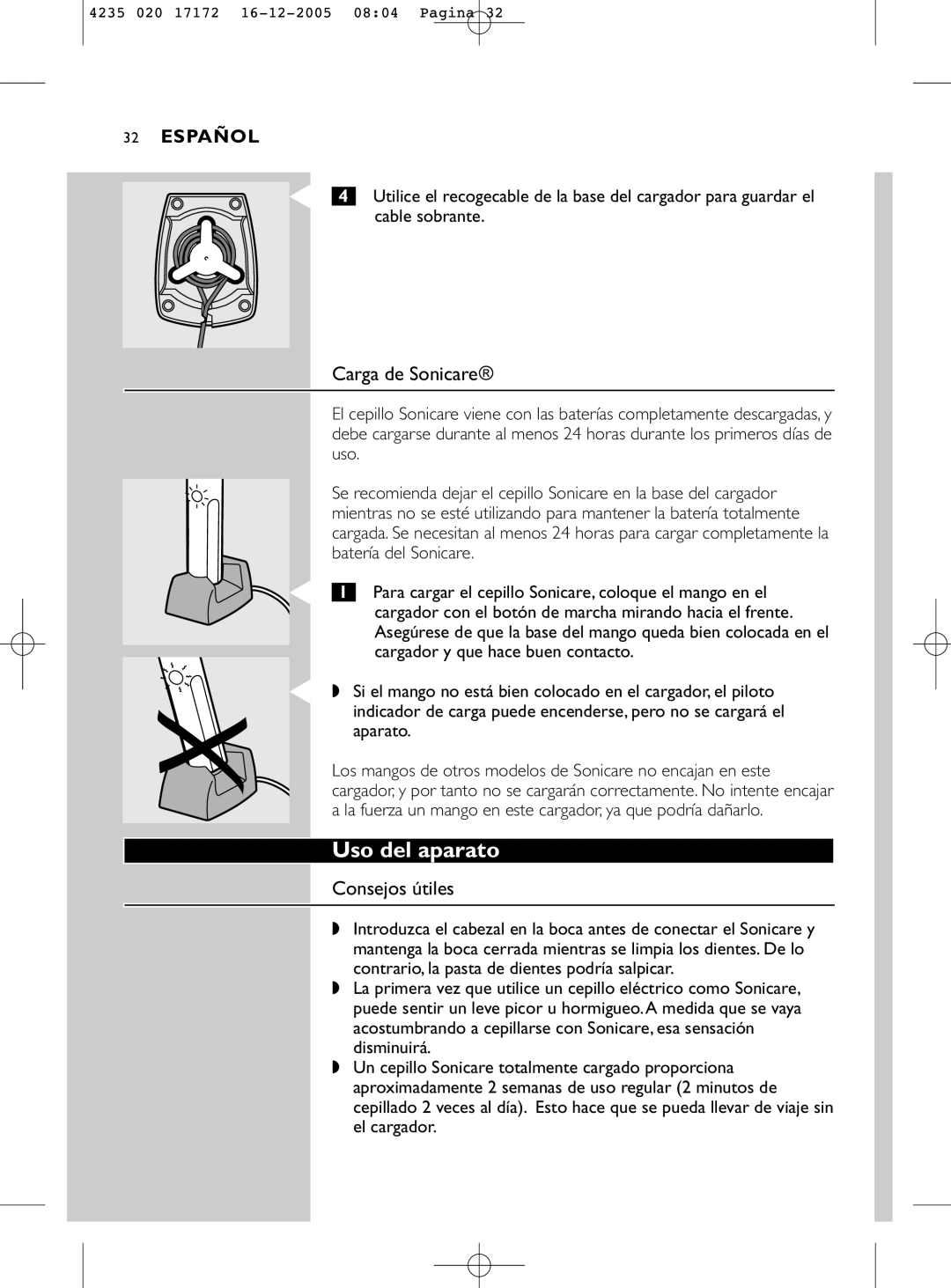 Sonicare e5000 manual Uso del aparato, Carga de Sonicare, Consejos útiles 