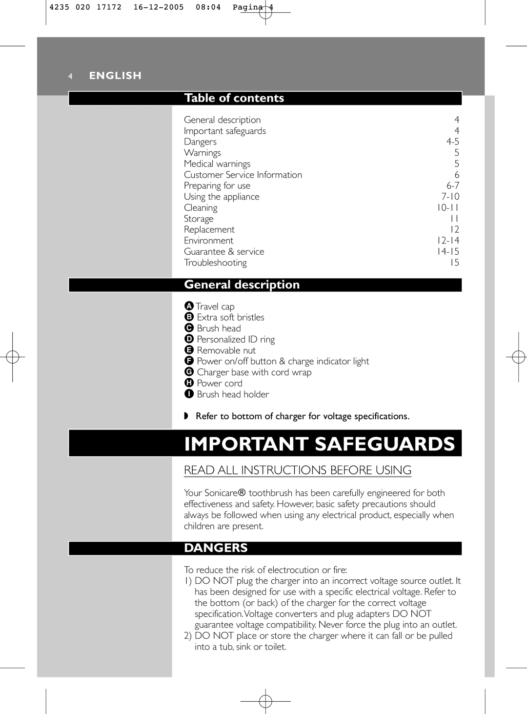 Sonicare e5000 manual Table of contents, General description 