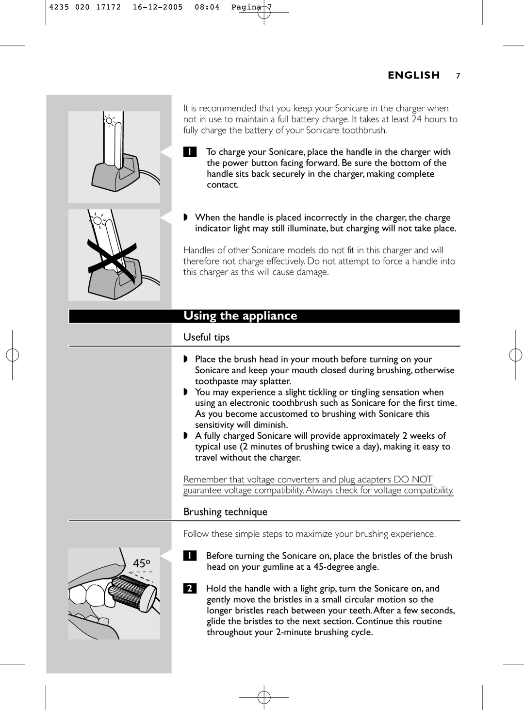 Sonicare e5000 manual Using the appliance, Useful tips, Brushing technique 