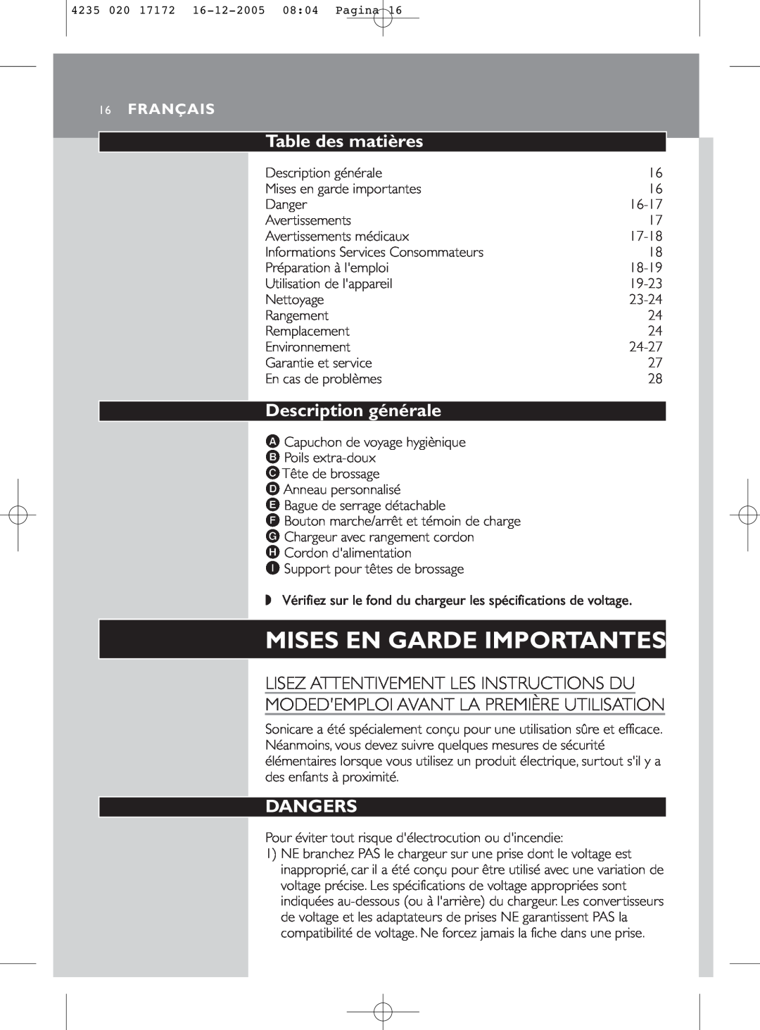 Sonicare e5000 manual Table des matières, Description générale, Lisez Attentivement Les Instructions Du, Français, Dangers 