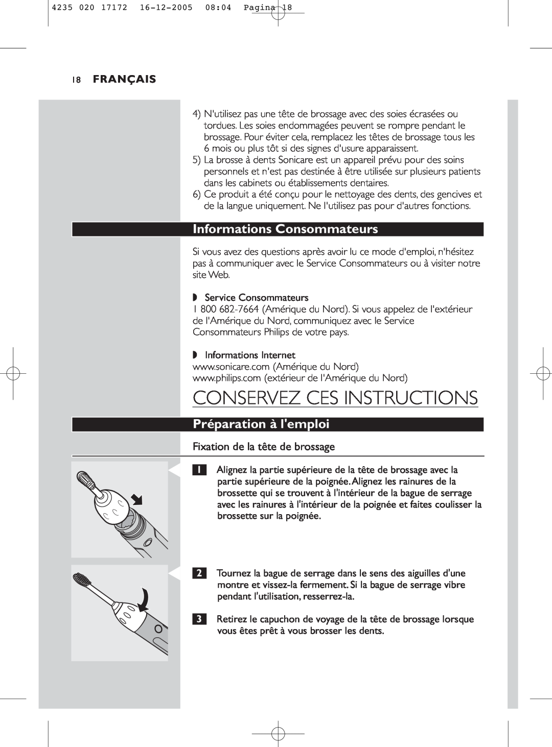 Sonicare e5000 manual Informations Consommateurs, Préparation à lemploi, Fixation de la tête de brossage, Français 