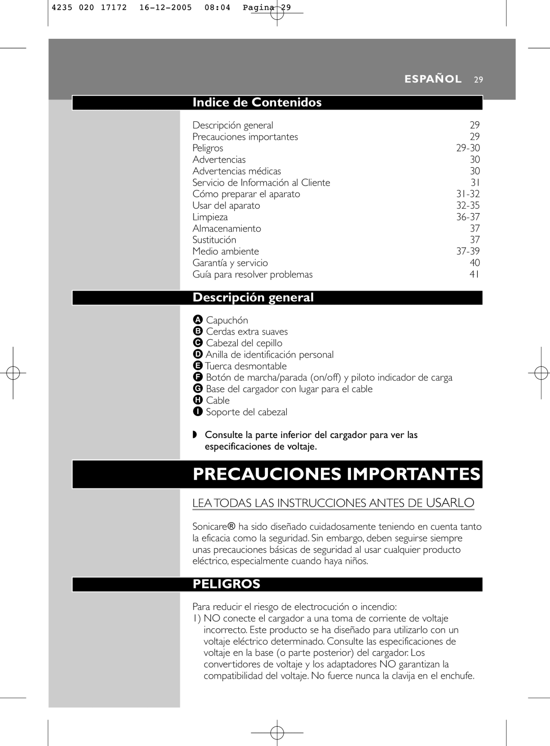 Sonicare e5000 Indice de Contenidos, Descripción general, Peligros, Lea Todas Las Instrucciones Antes De Usarlo, Español 