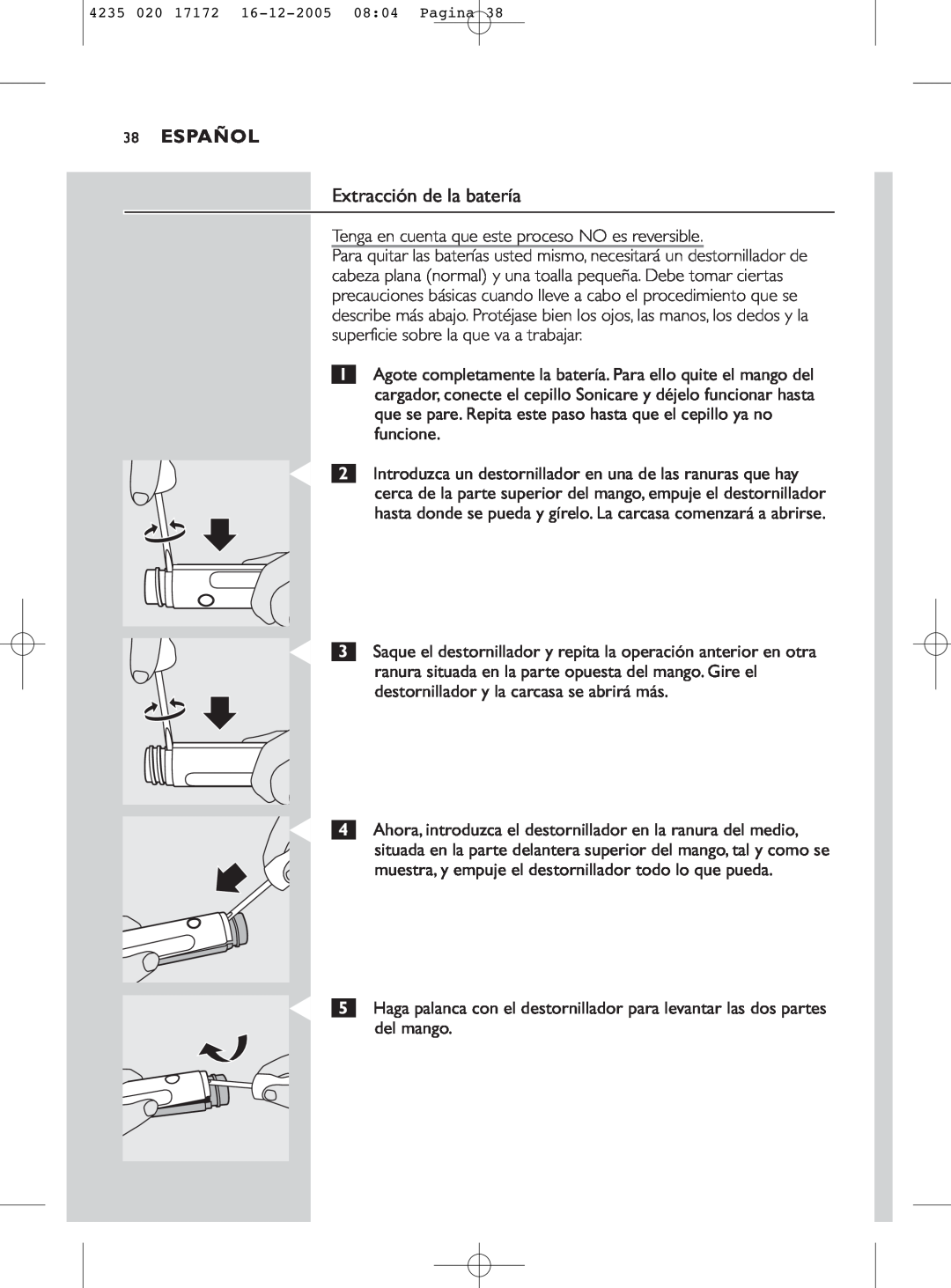 Sonicare e5000 manual Extracción de la batería, Español, C C C 
