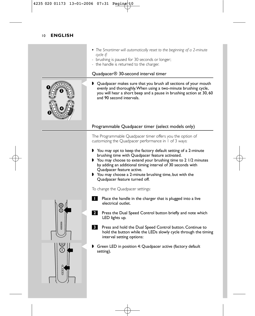 Sonicare e7000 manual Quadpacer\ 30-second interval timer, Programmable Quadpacer timer select models only 