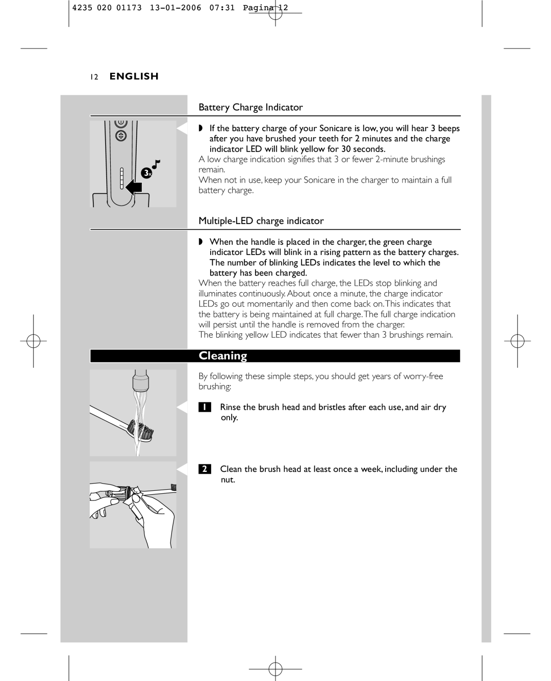 Sonicare e7000 manual Cleaning, Battery Charge Indicator, Multiple-LED charge indicator 