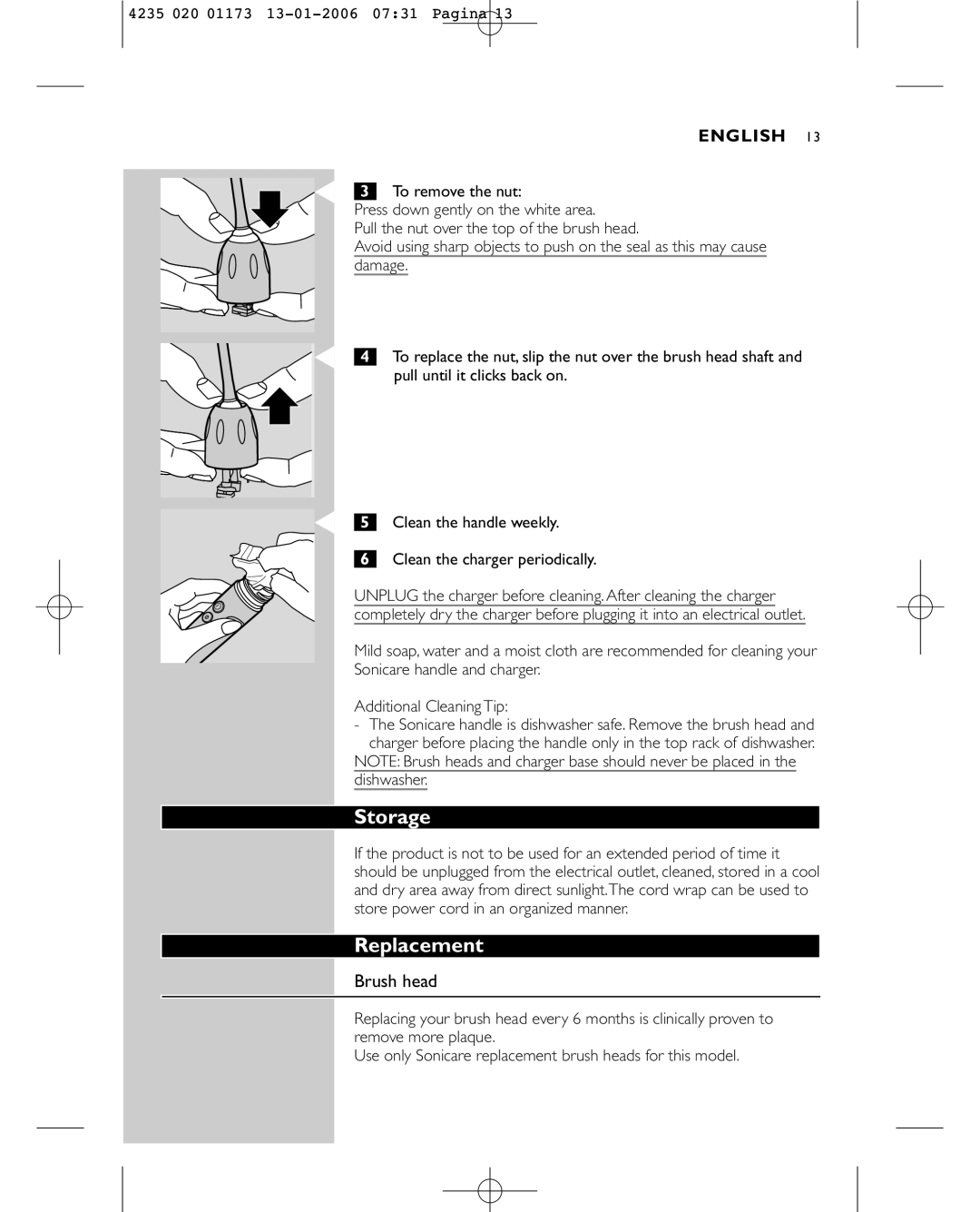 Sonicare e7000 manual Storage, Replacement, Brush head 