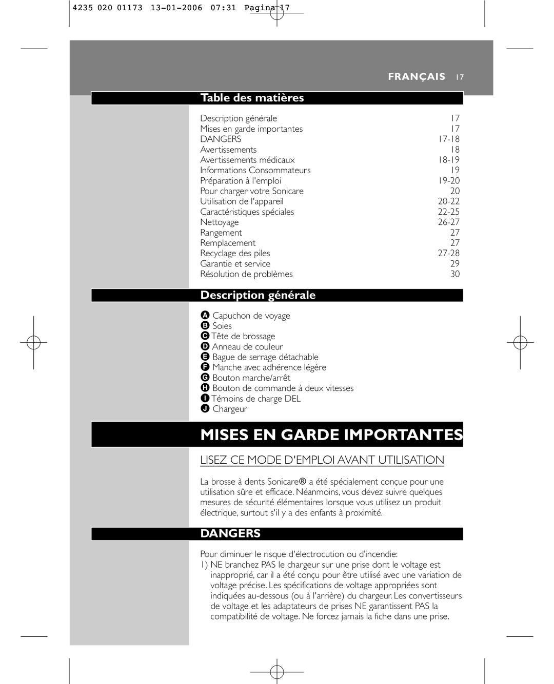 Sonicare e7000 manual Table des matières, Description générale, Lisez CE Mode Demploi Avant Utilisation 