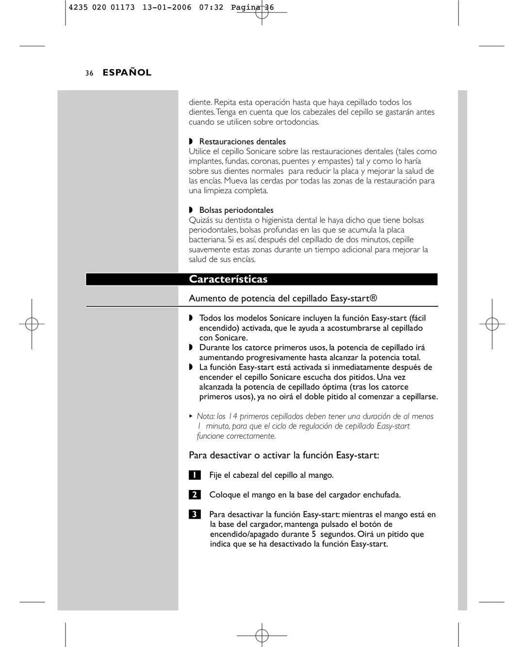 Sonicare e7000 manual Características, Aumento de potencia del cepillado Easy-start 