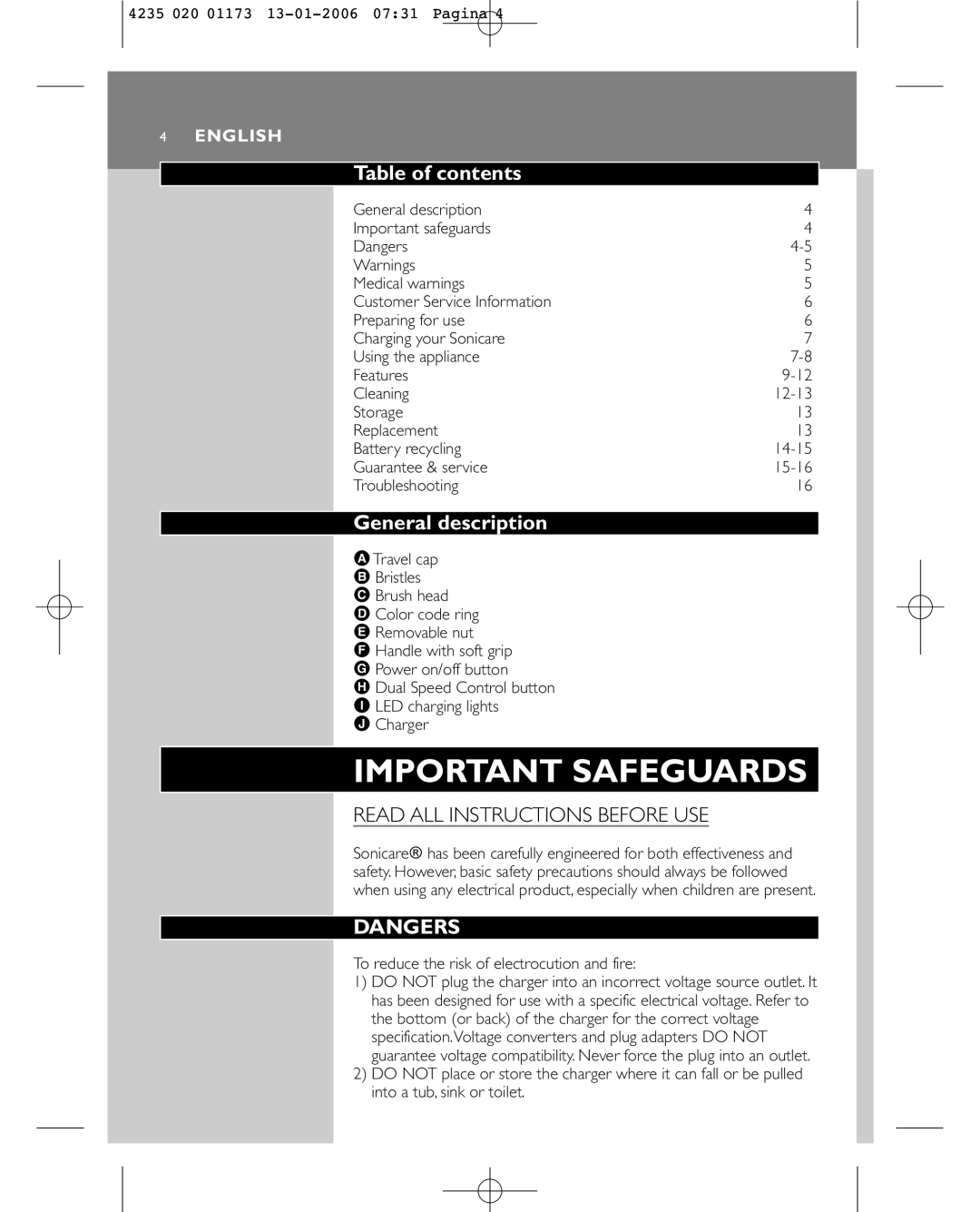 Sonicare e7000 manual Table of contents, General description 