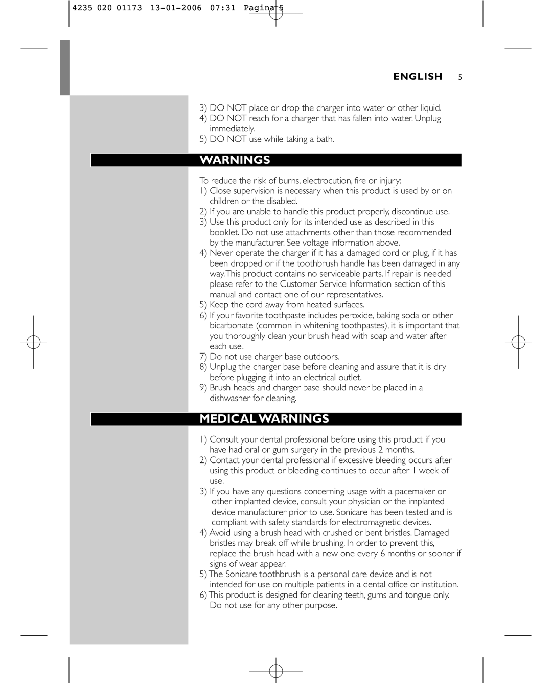 Sonicare e7000 manual Medical Warnings, English 