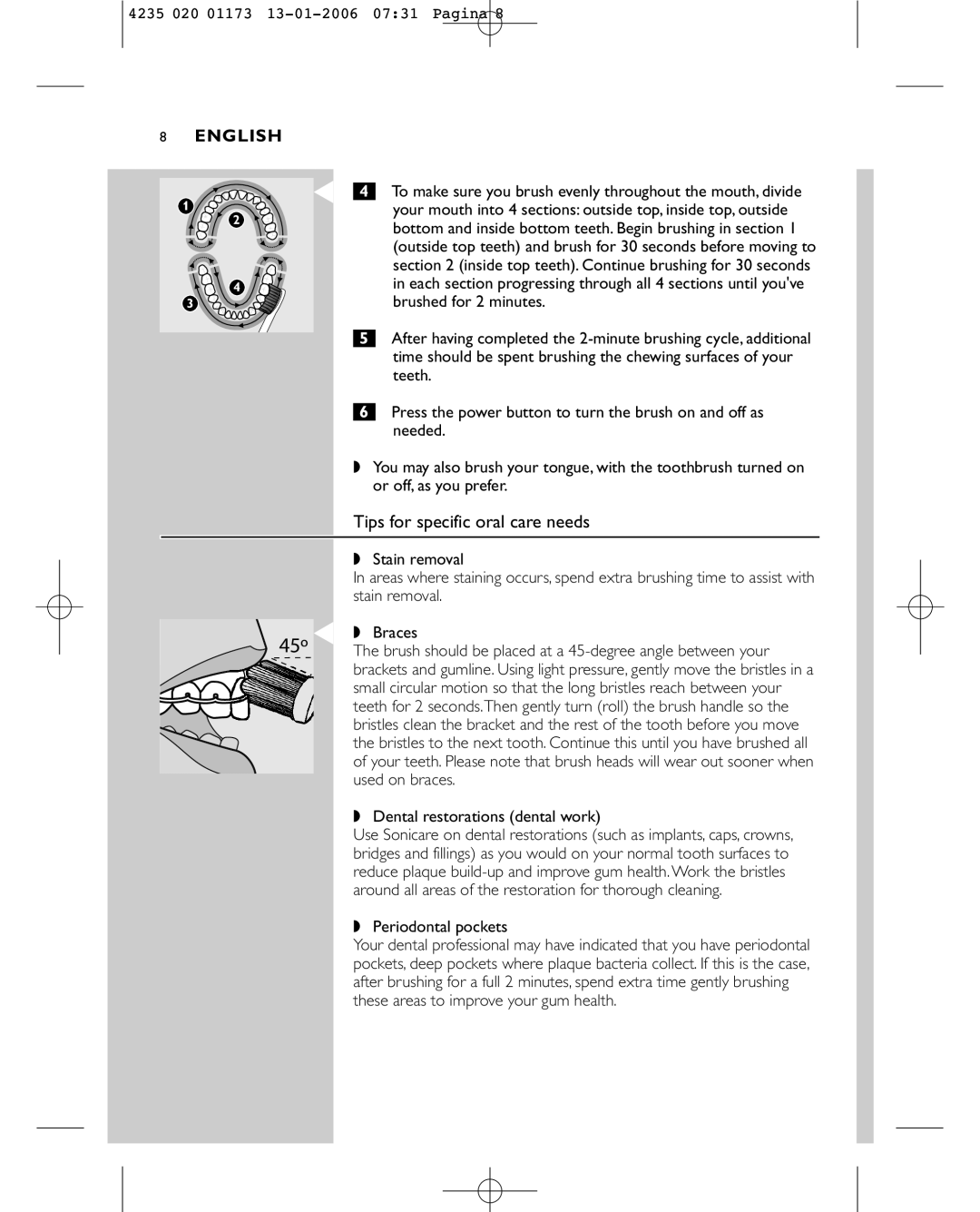 Sonicare e7000 manual Tips for specific oral care needs, 45º, Braces 