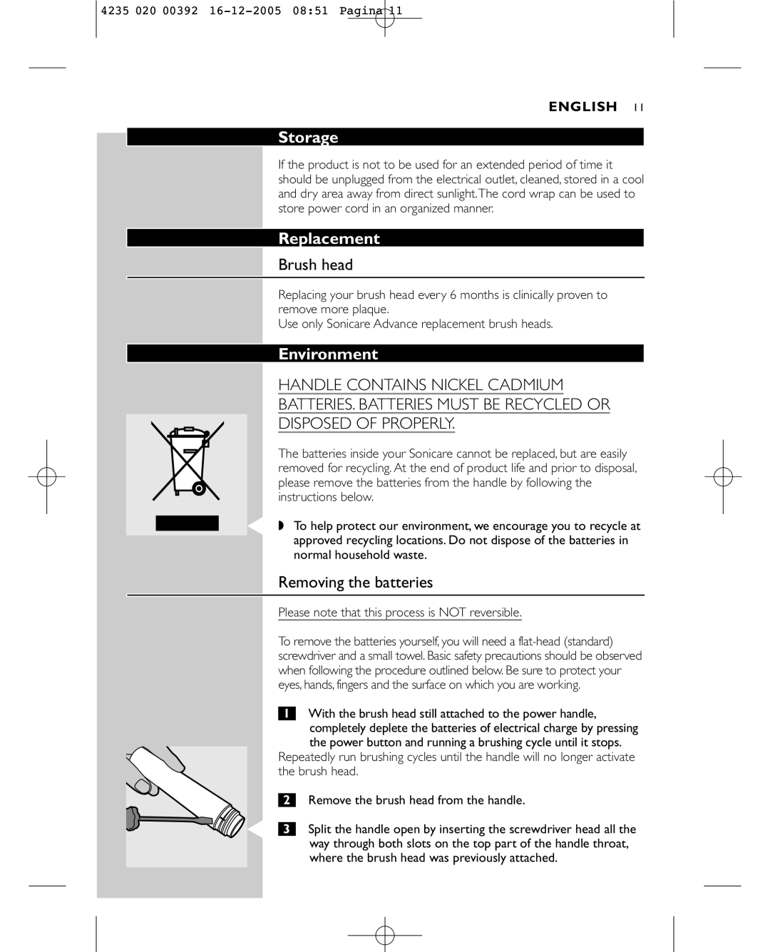 Sonicare HX4872 manual Storage, Replacement, Brush head, Environment, Removing the batteries 