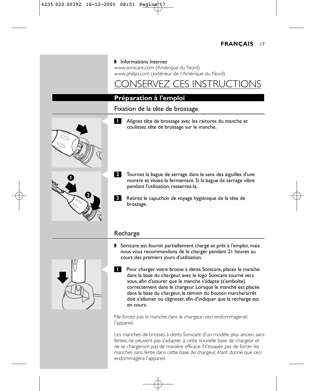 Sonicare HX4872 manual Préparation à lemploi, Fixation de la tête de brossage, Recharge 