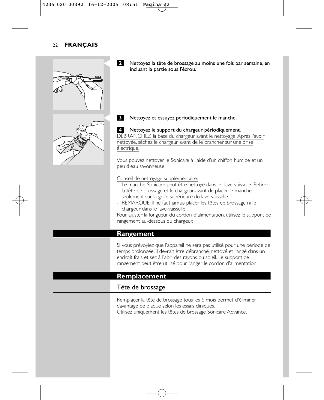 Sonicare HX4872 manual Rangement, Remplacement, Tête de brossage 