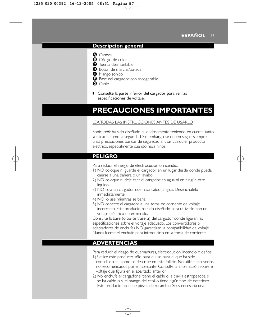 Sonicare HX4872 manual Precauciones Importantes, Descripción general 