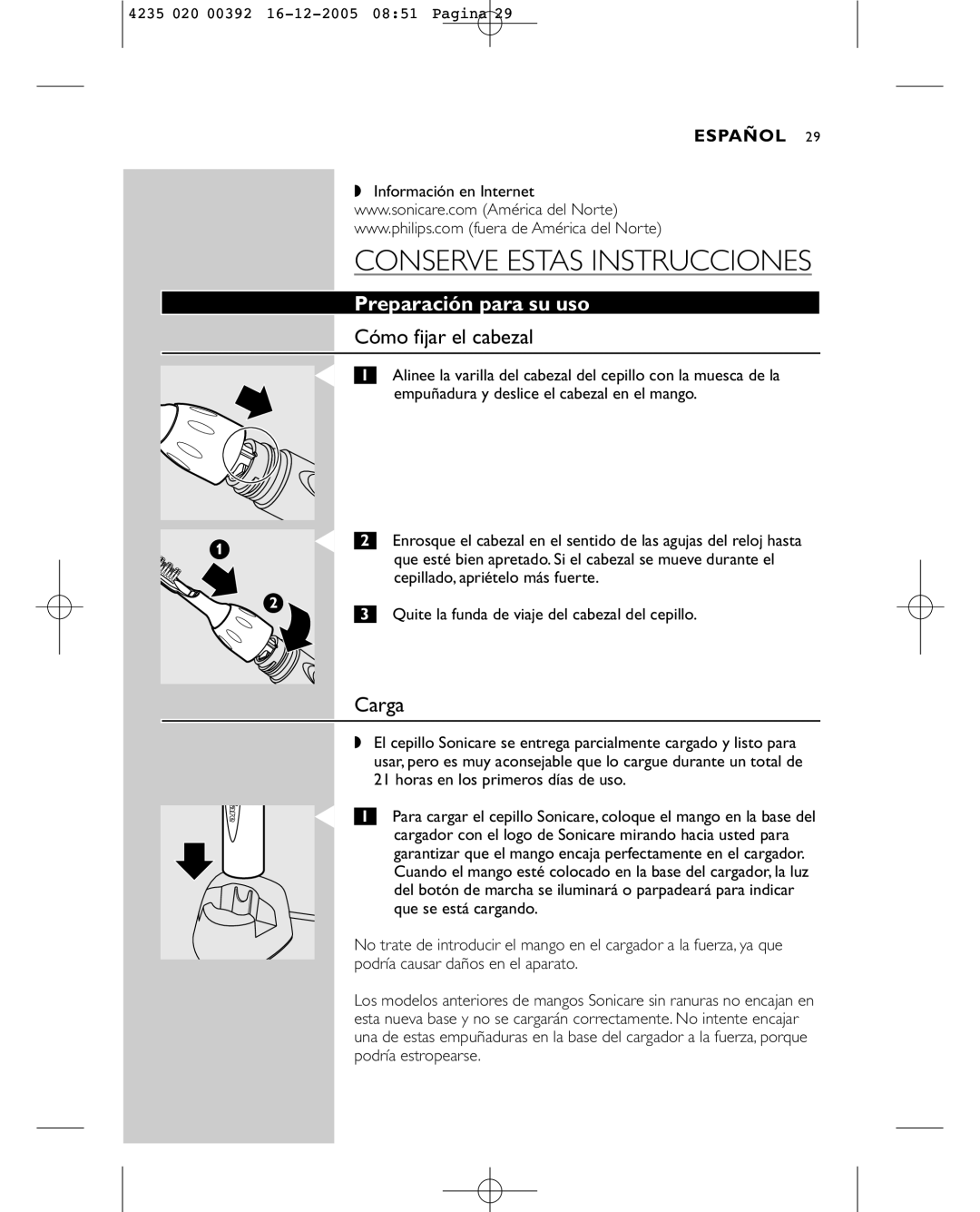 Sonicare HX4872 manual Preparación para su uso, Cómo fijar el cabezal, Carga 