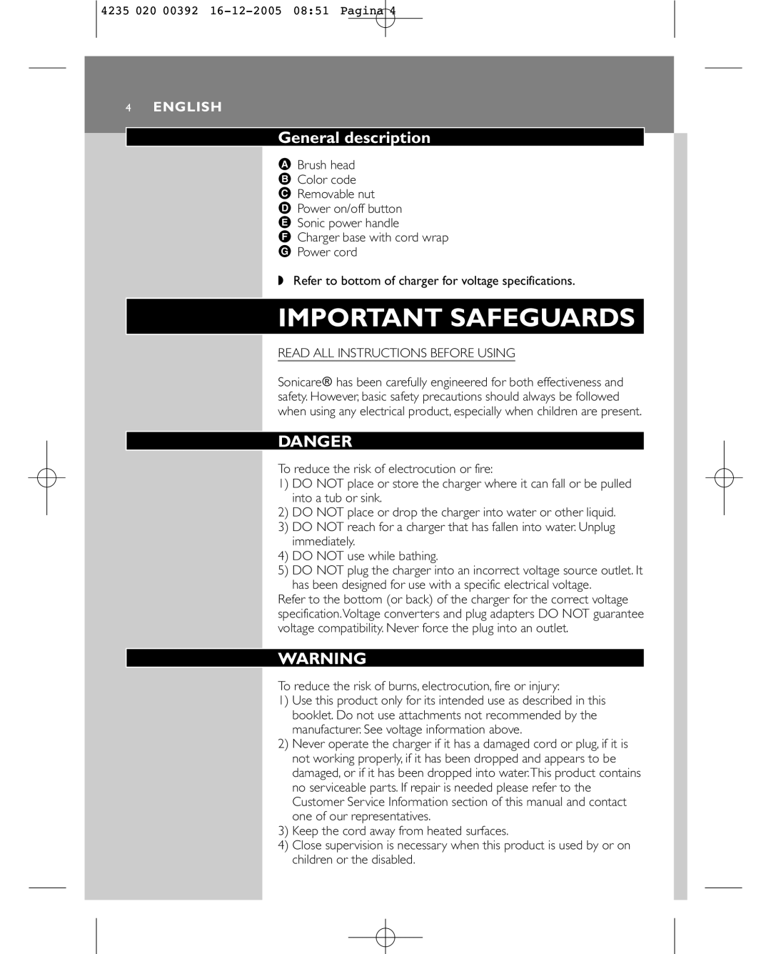 Sonicare HX4872 manual Important Safeguards, General description 