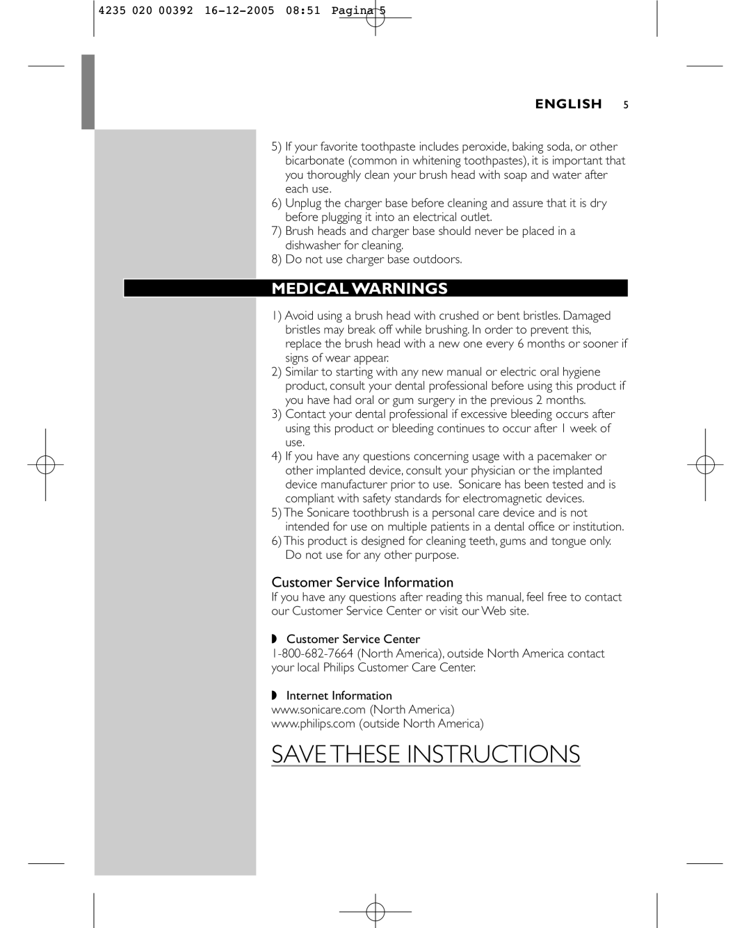 Sonicare HX4872 manual Customer Service Information, English 