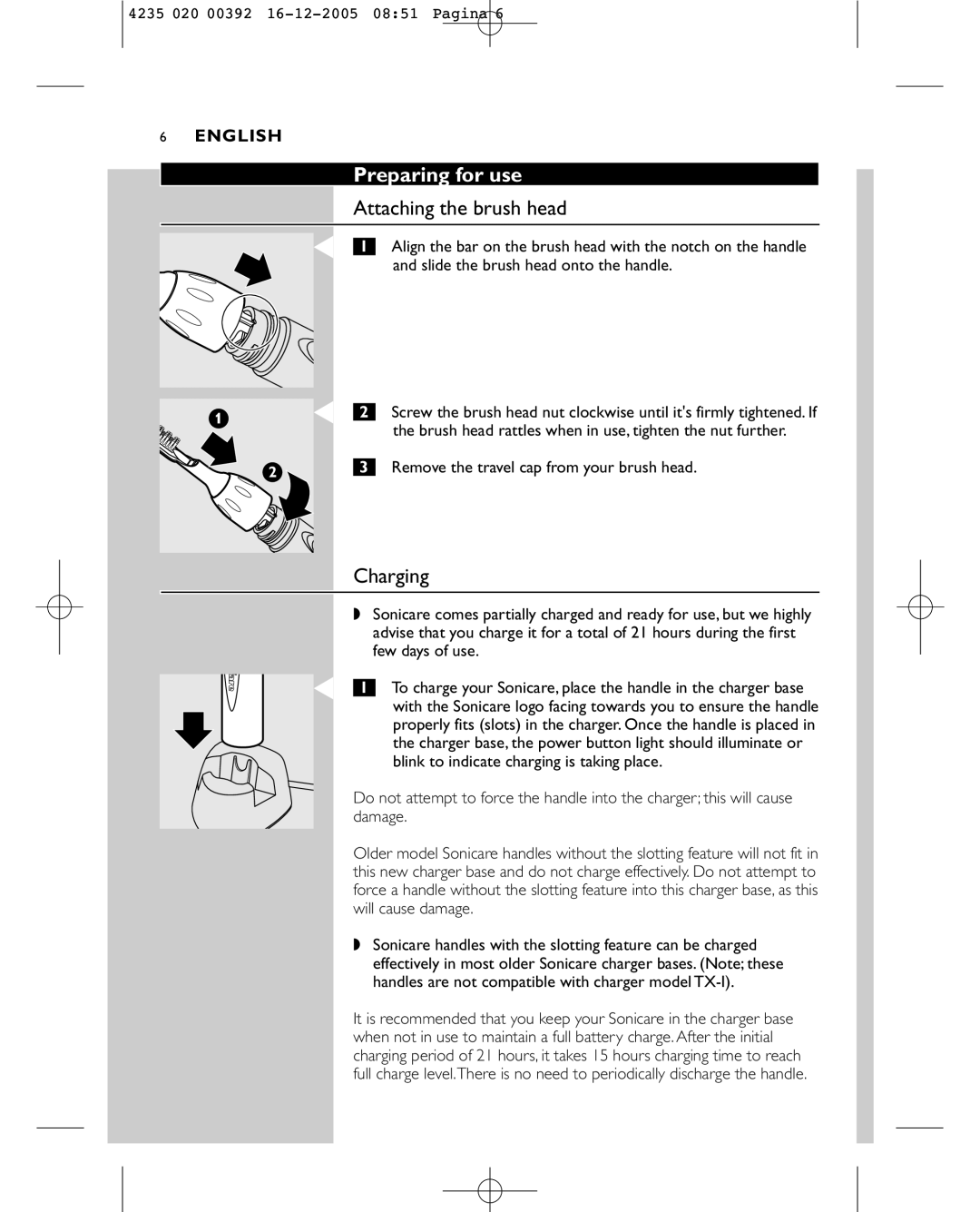 Sonicare HX4872 manual Preparing for use, Attaching the brush head, Charging 