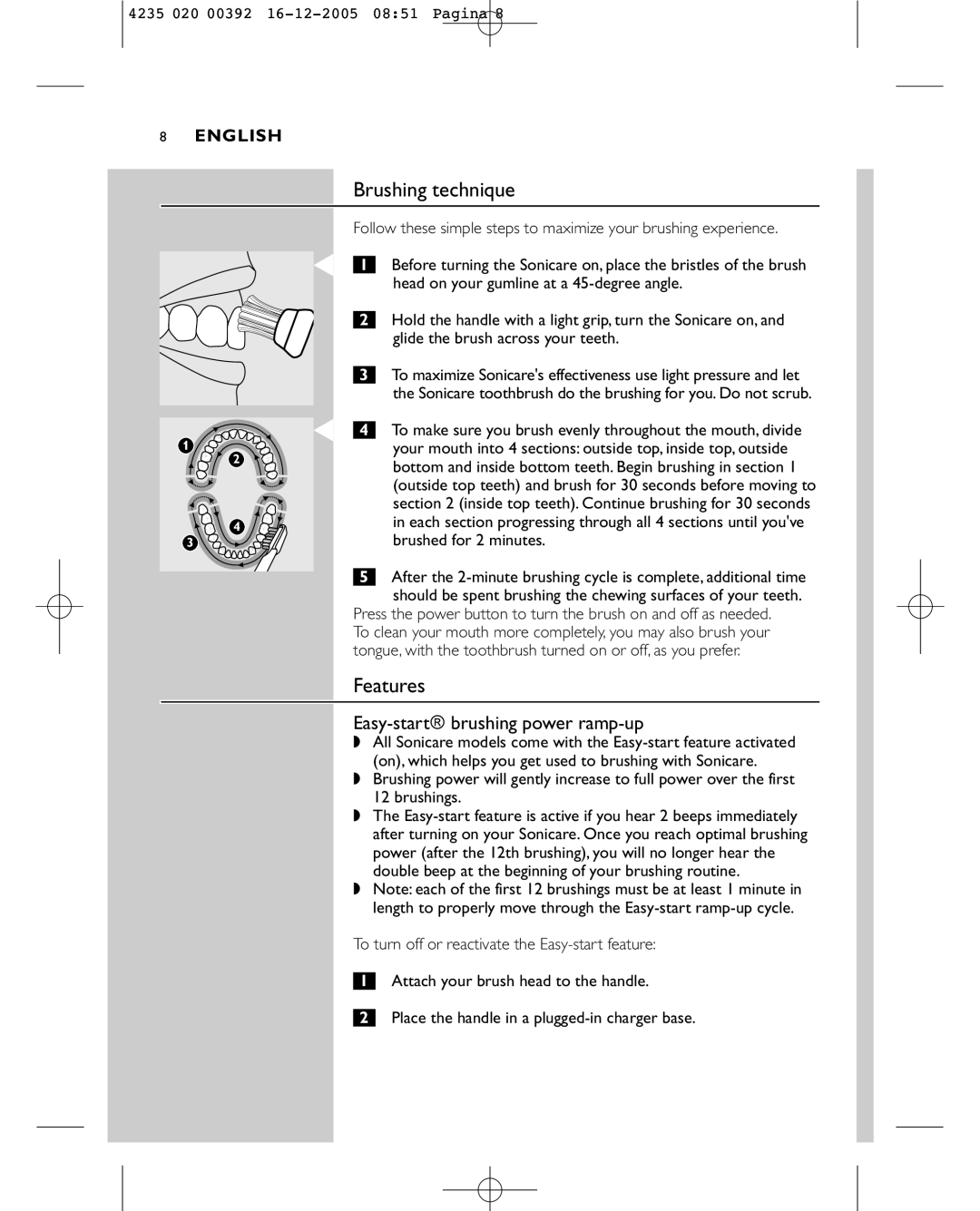 Sonicare HX4872 manual Brushing technique, Features, Easy-start\brushing power ramp-up 