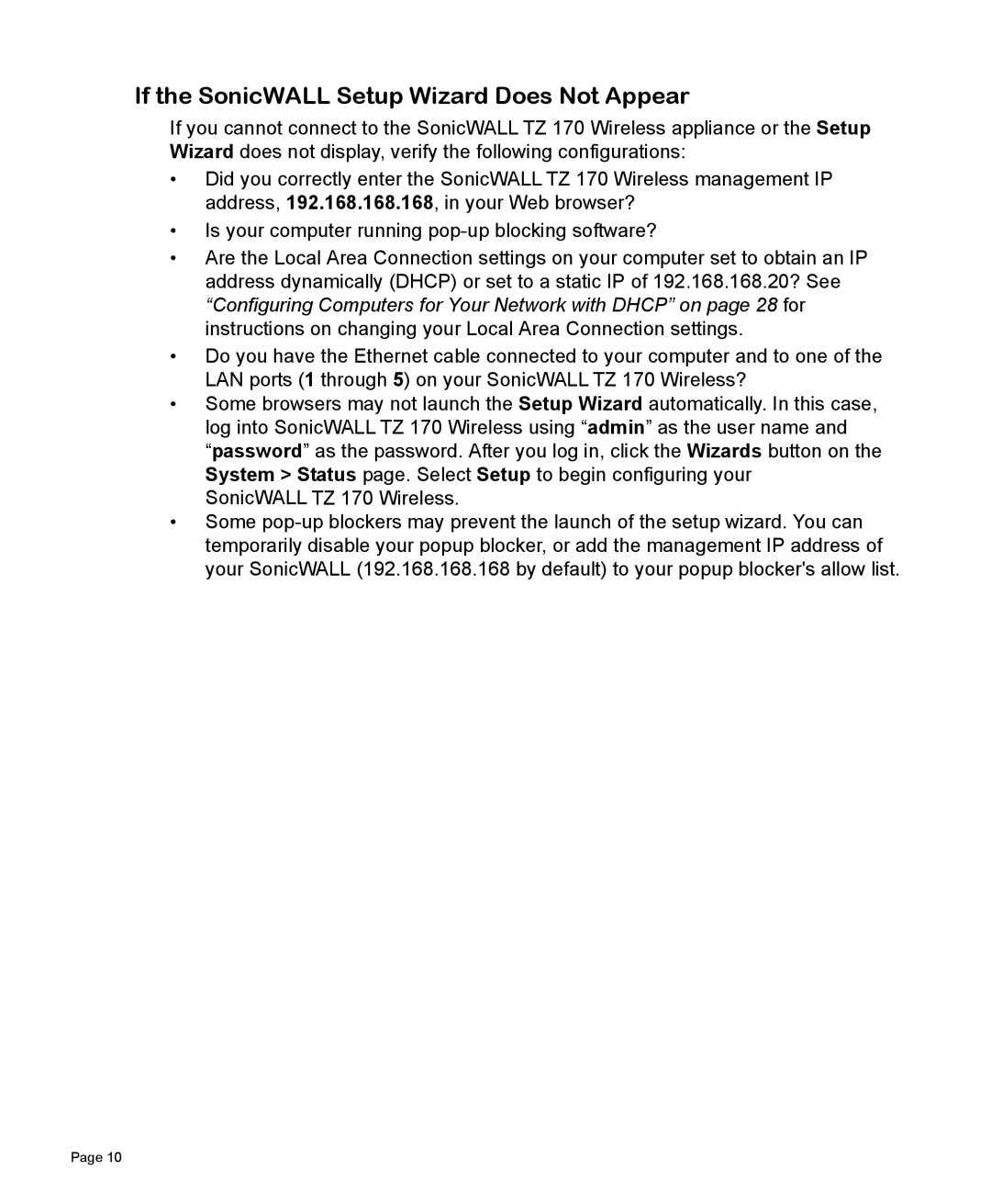 SonicWALL 170 manual If the SonicWALL Setup Wizard Does Not Appear 