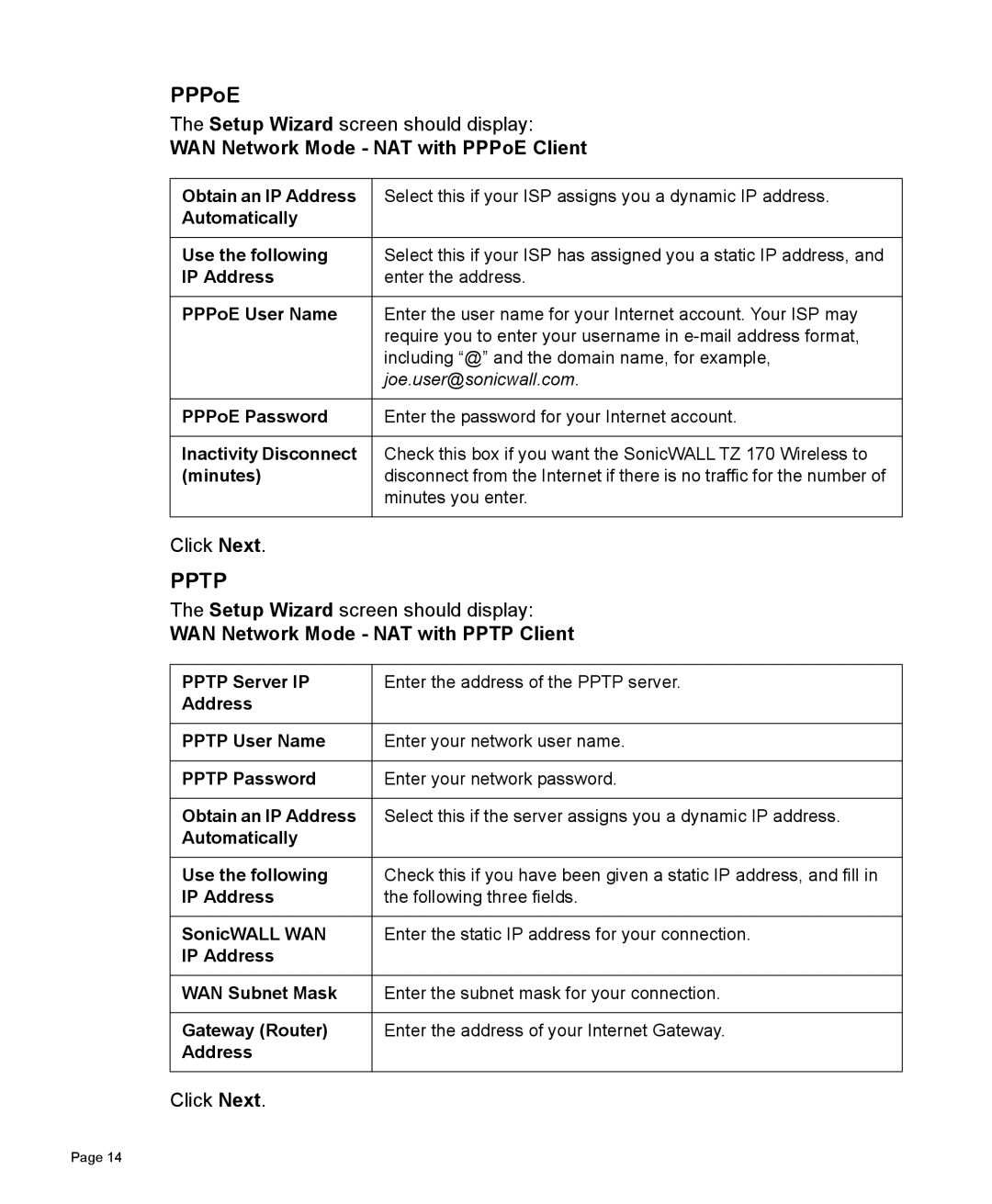 SonicWALL 170 manual WAN Network Mode NAT with PPPoE Client, WAN Network Mode NAT with Pptp Client 