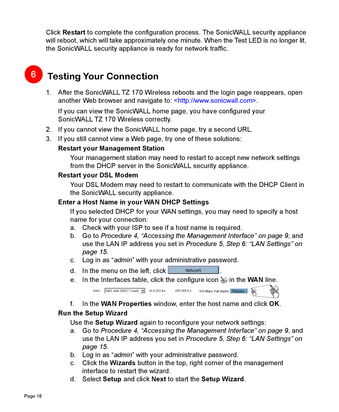 SonicWALL 170 manual Testing Your Connection, Restart your Management Station, Restart your DSL Modem, Run the Setup Wizard 