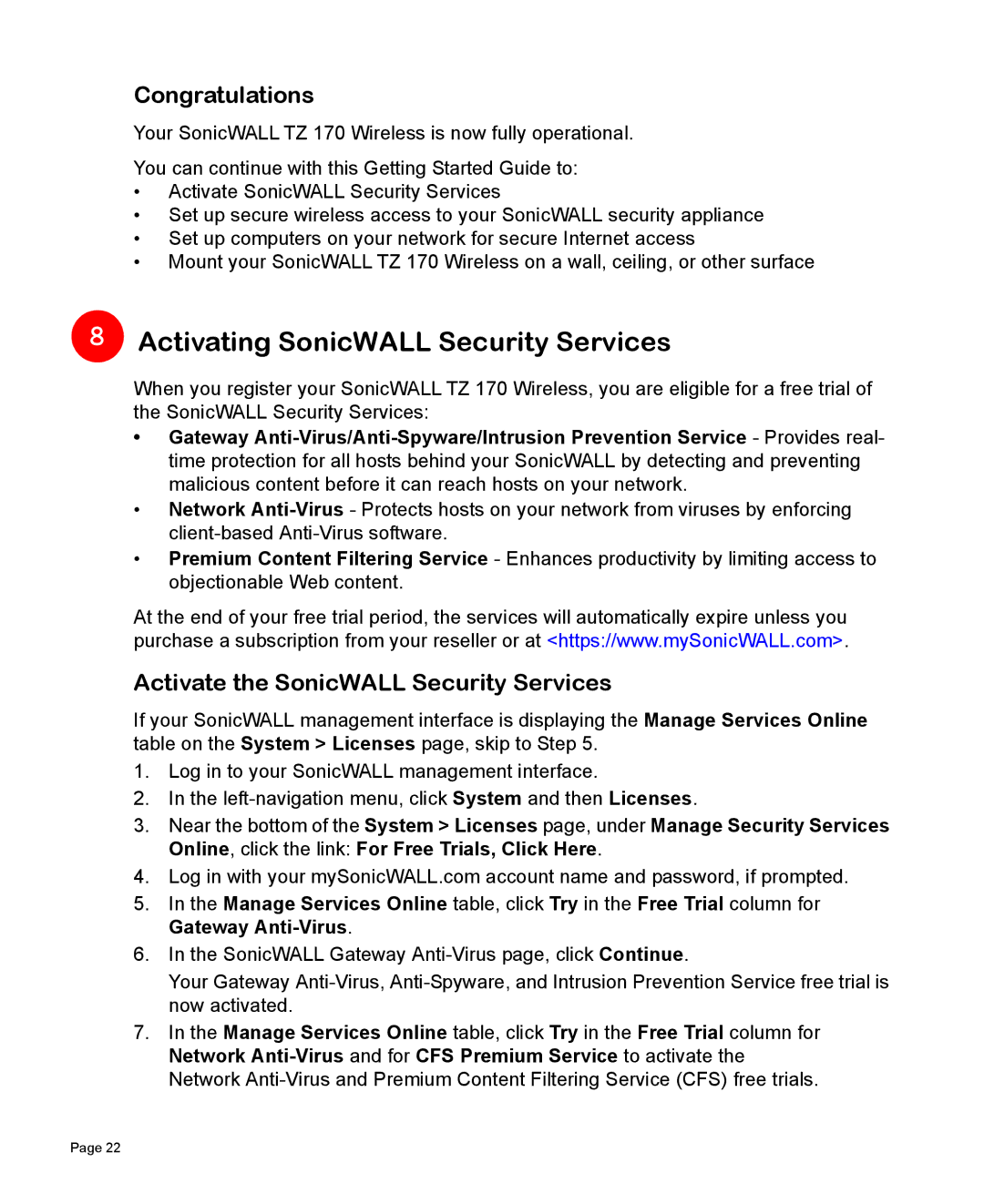 SonicWALL 170 manual Activating SonicWALL Security Services, Congratulations, Activate the SonicWALL Security Services 