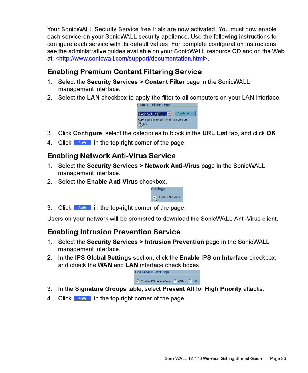 SonicWALL 170 manual Enabling Premium Content Filtering Service, Enabling Network Anti-Virus Service 