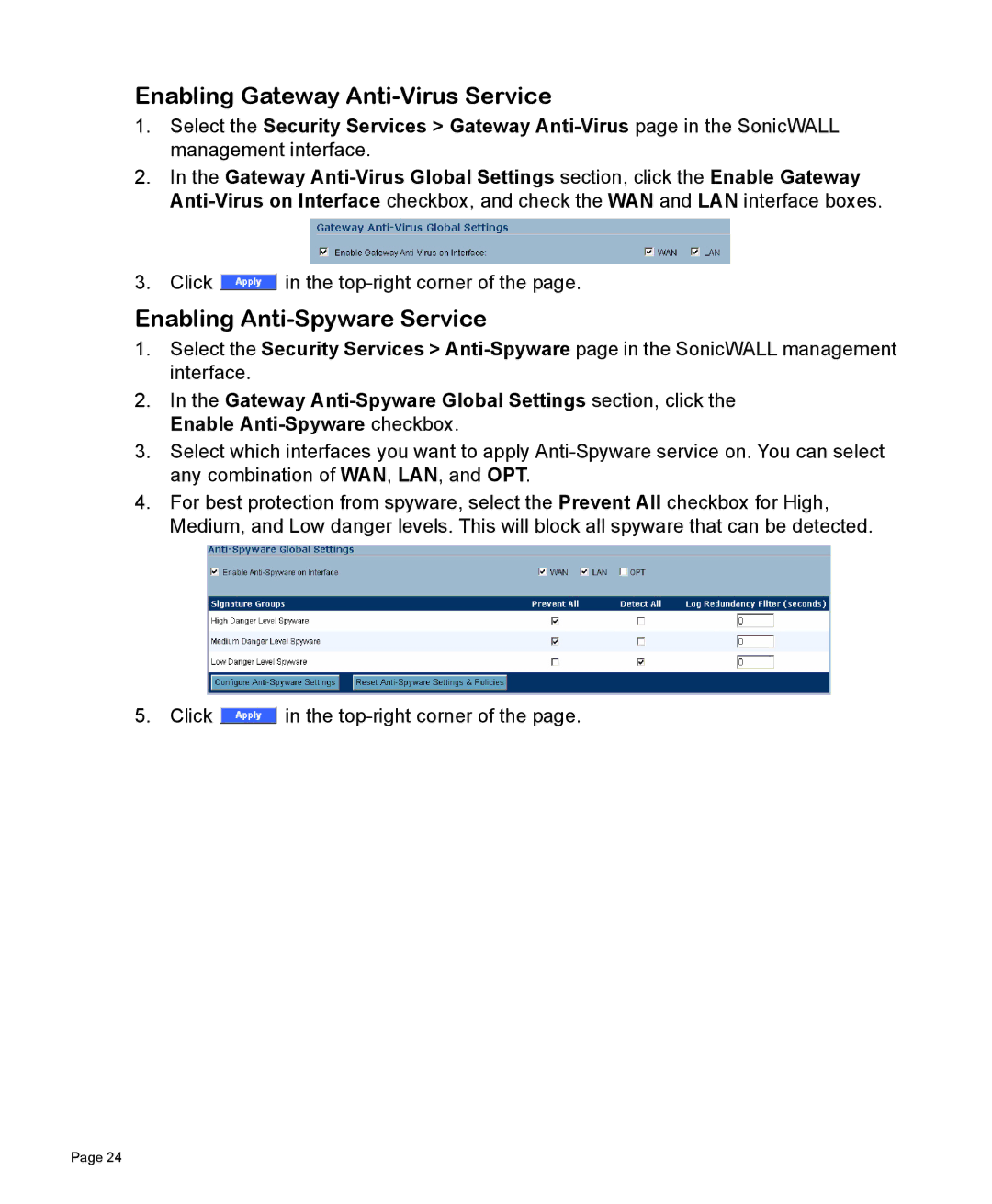 SonicWALL 170 manual Enabling Gateway Anti-Virus Service, Enabling Anti-Spyware Service 