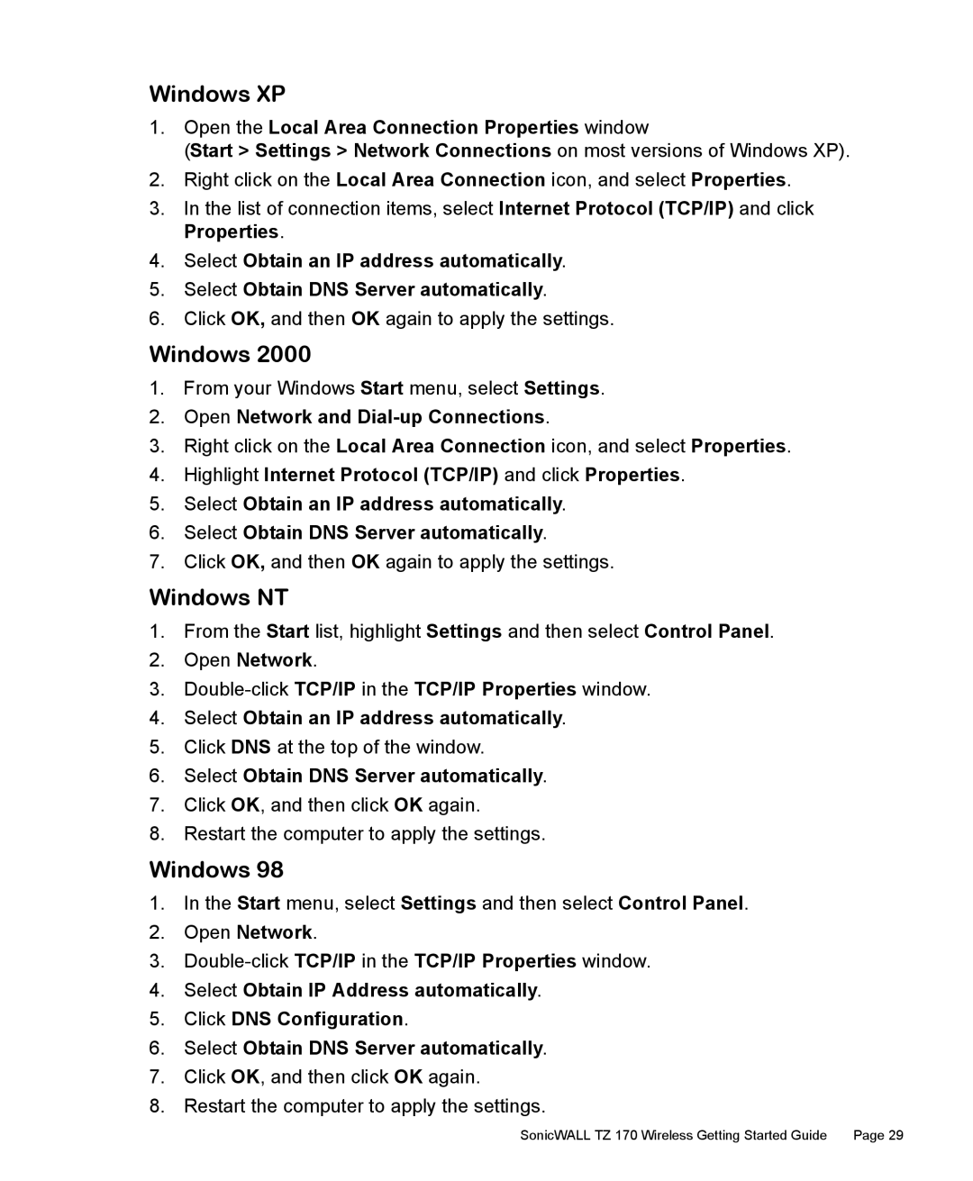 SonicWALL 170 manual Windows XP, Windows NT, Open Network and Dial-up Connections 