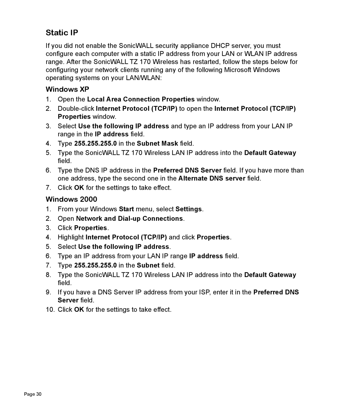 SonicWALL 170 manual Static IP, Type 255.255.255.0 in the Subnet Mask field, Type 255.255.255.0 in the Subnet field 